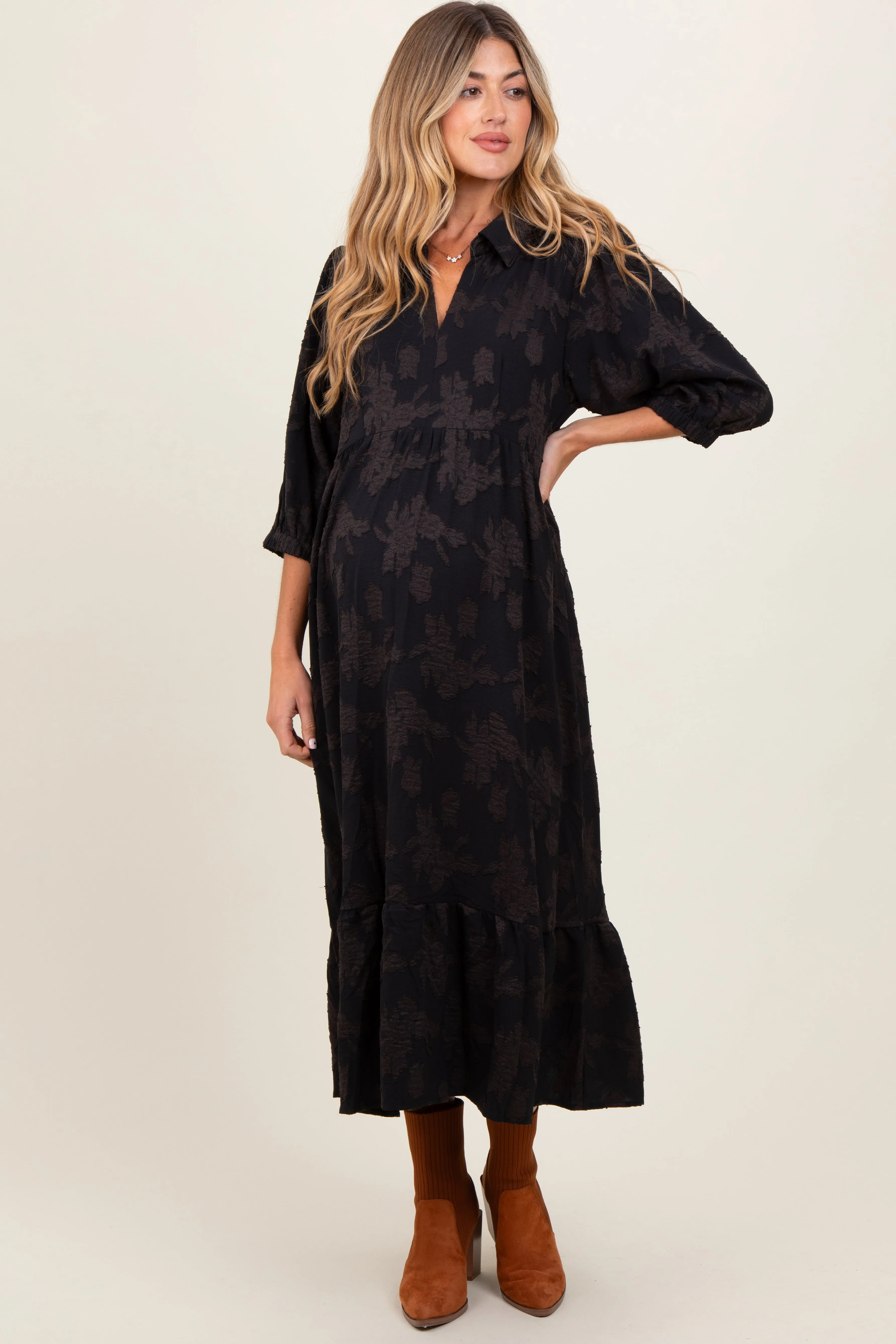 Black Floral Applique Collared Maternity Midi Dress sold by Pinkblush product image thumbnail 2