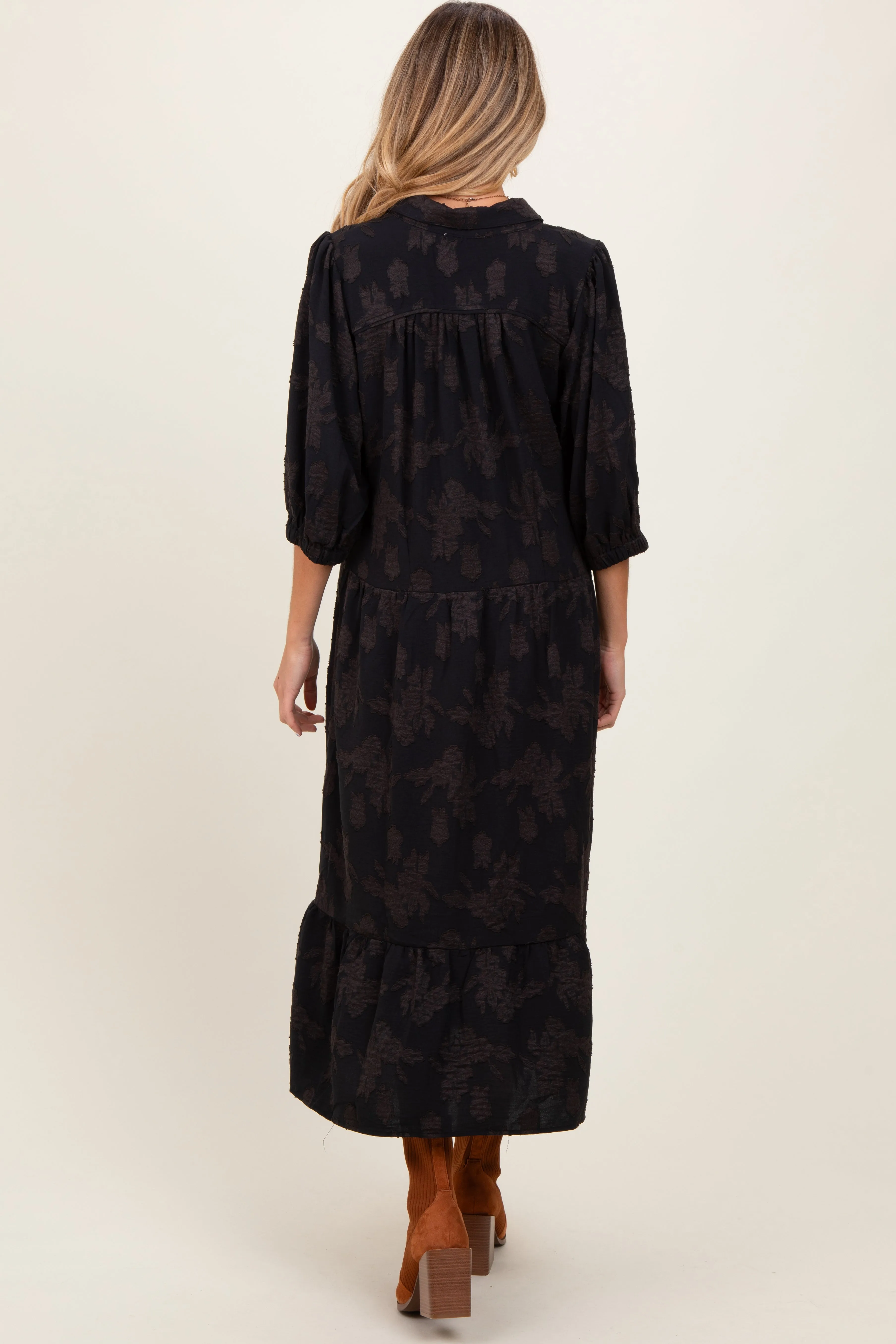 Black Floral Applique Collared Maternity Midi Dress sold by Pinkblush product image thumbnail 3