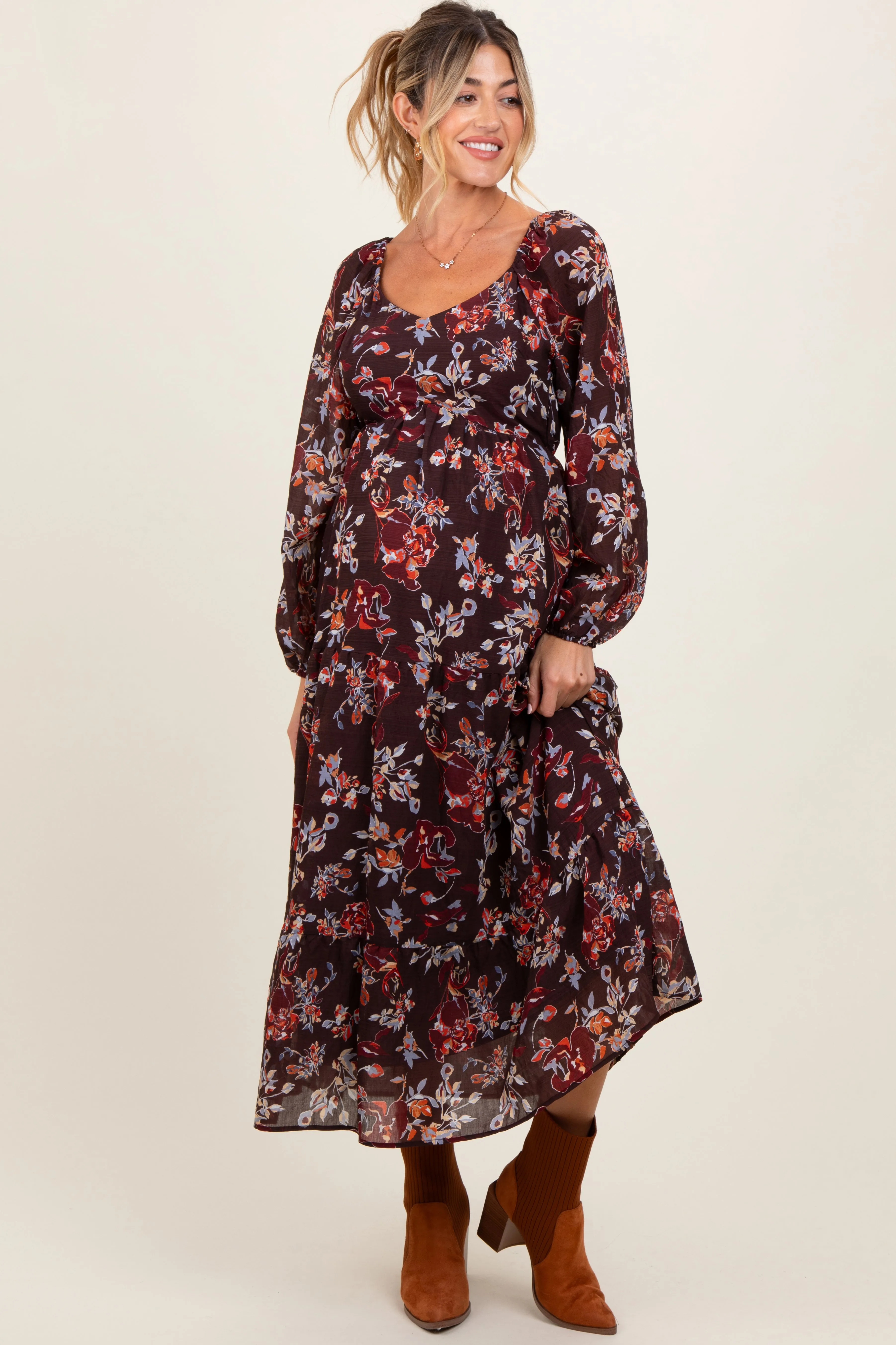 Brown Floral V-Neck Bubble Sleeve Maternity Maxi Dress sold by Pinkblush