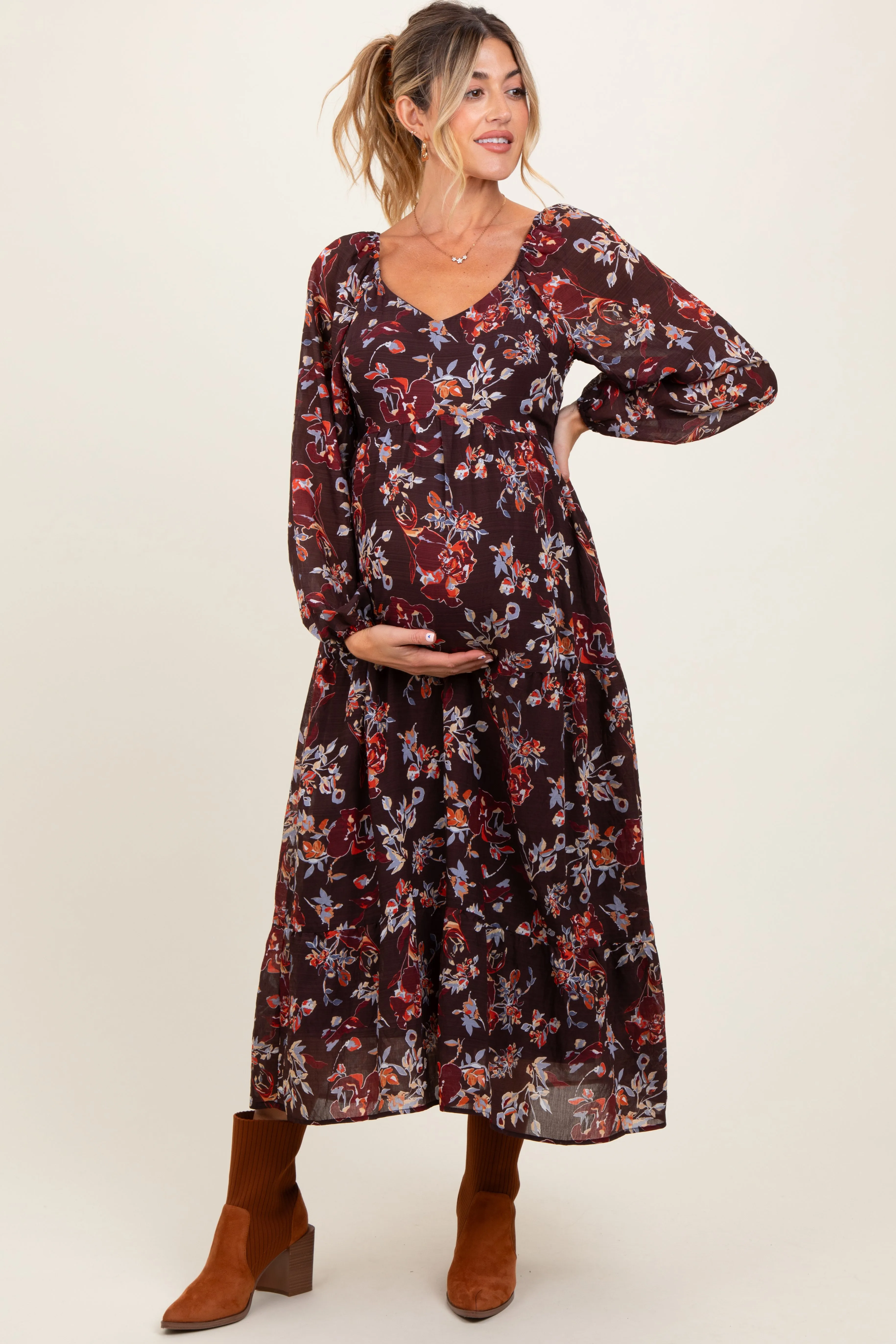 Brown Floral V-Neck Bubble Sleeve Maternity Maxi Dress sold by Pinkblush product image thumbnail 2