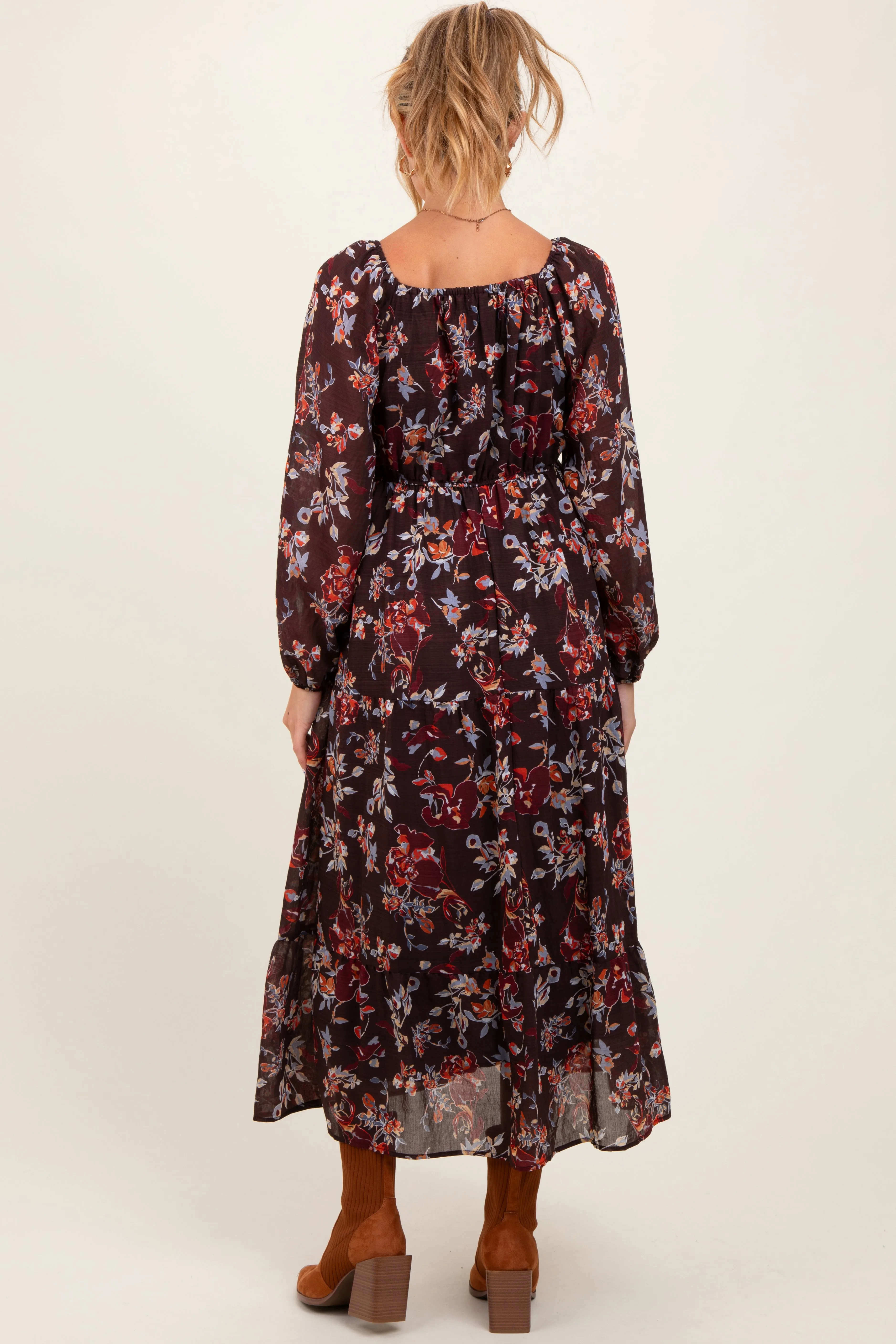 Brown Floral V-Neck Bubble Sleeve Maternity Maxi Dress sold by Pinkblush product image thumbnail 3