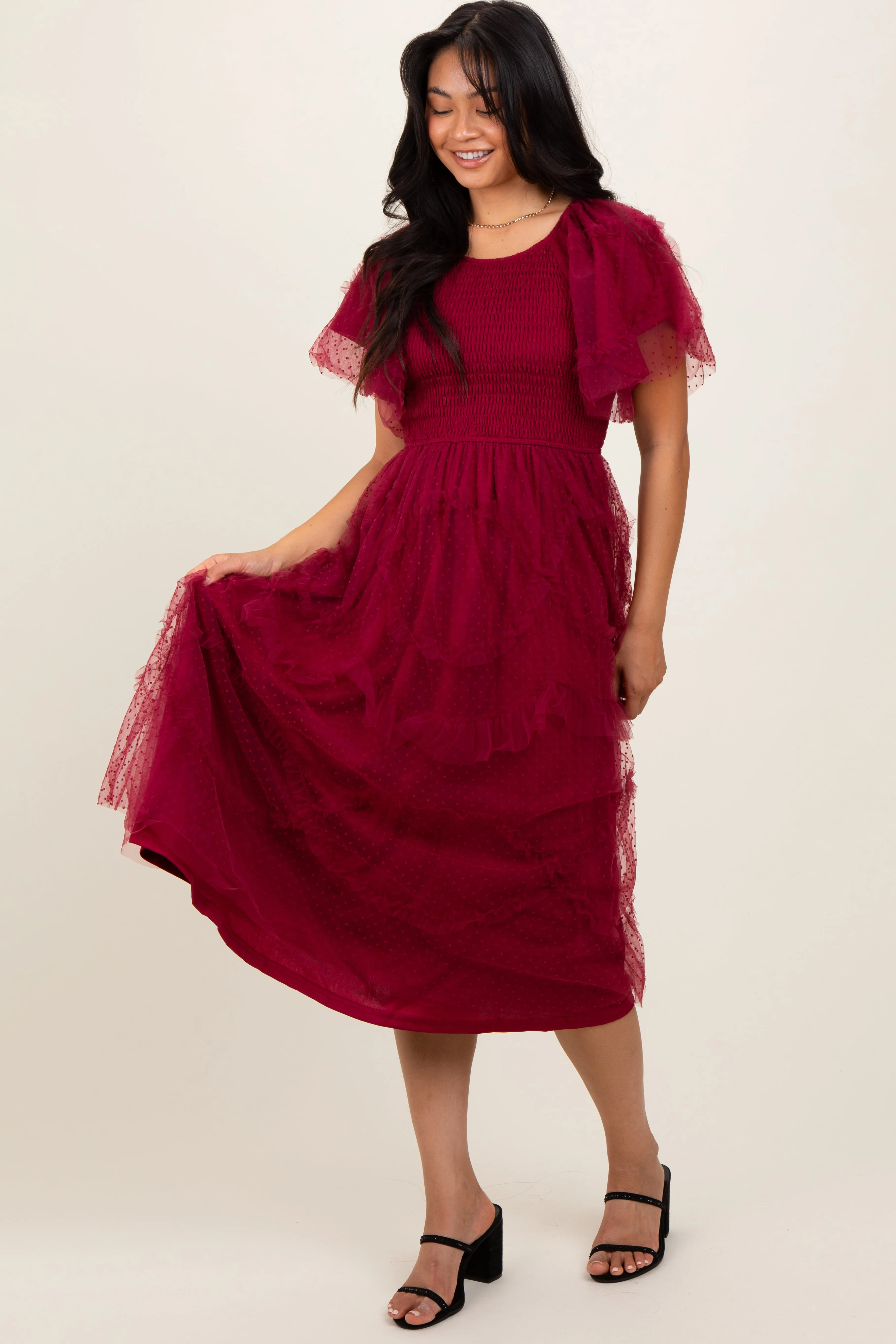 Burgundy Smocked Ruffled Mesh Midi Dress sold by Pinkblush product image thumbnail 2