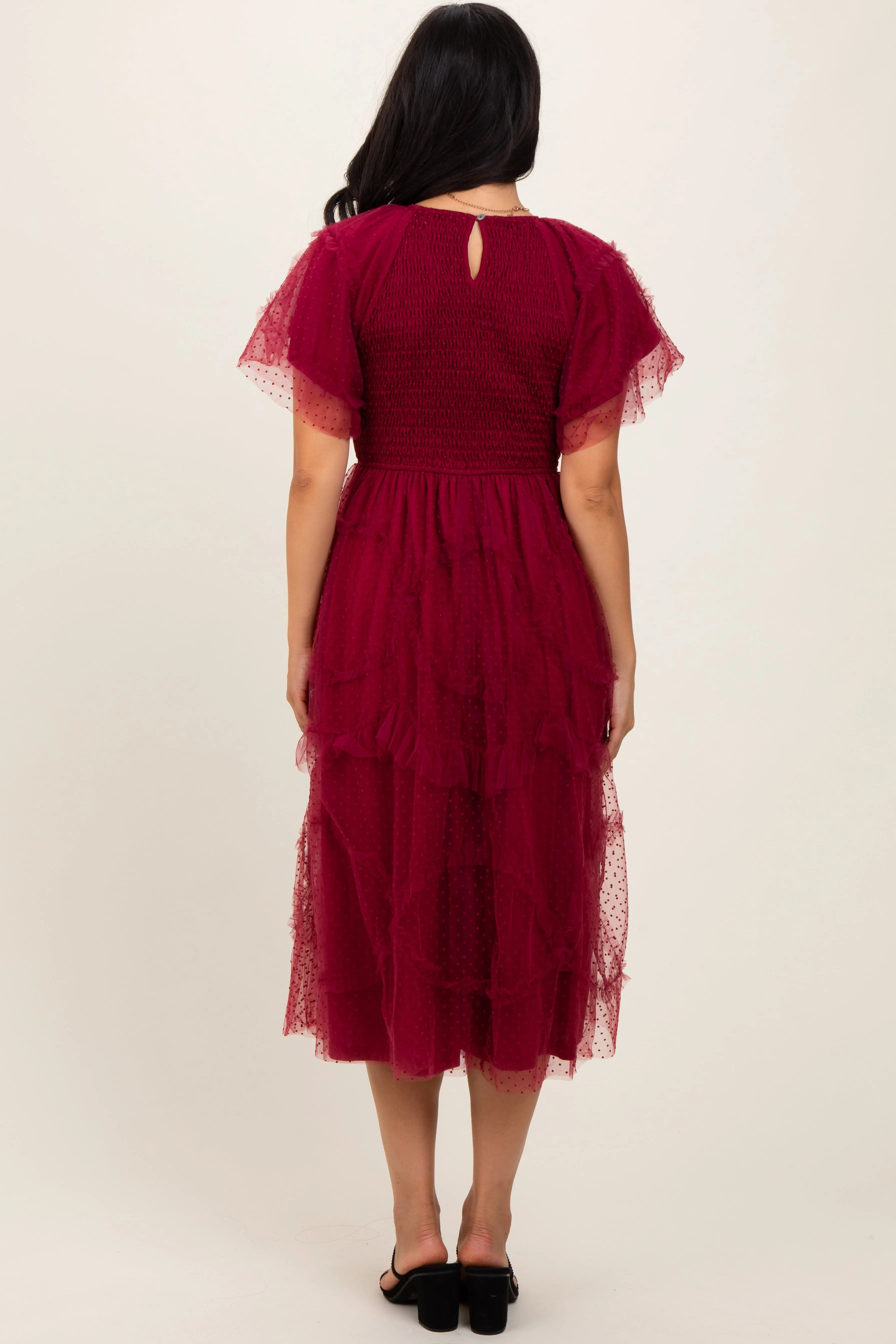Burgundy Smocked Ruffled Mesh Midi Dress sold by Pinkblush product image thumbnail 3