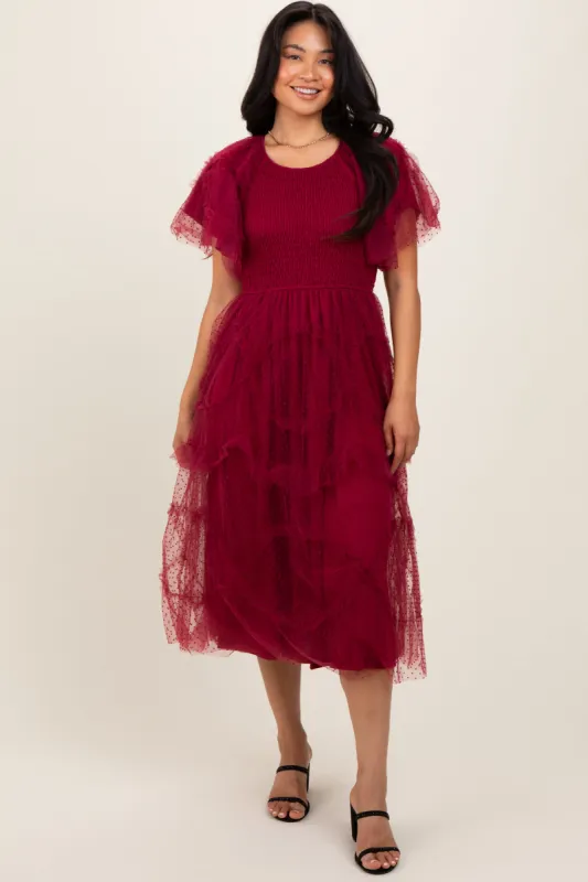 Burgundy Smocked Ruffled Mesh Midi Dress sold by Pinkblush