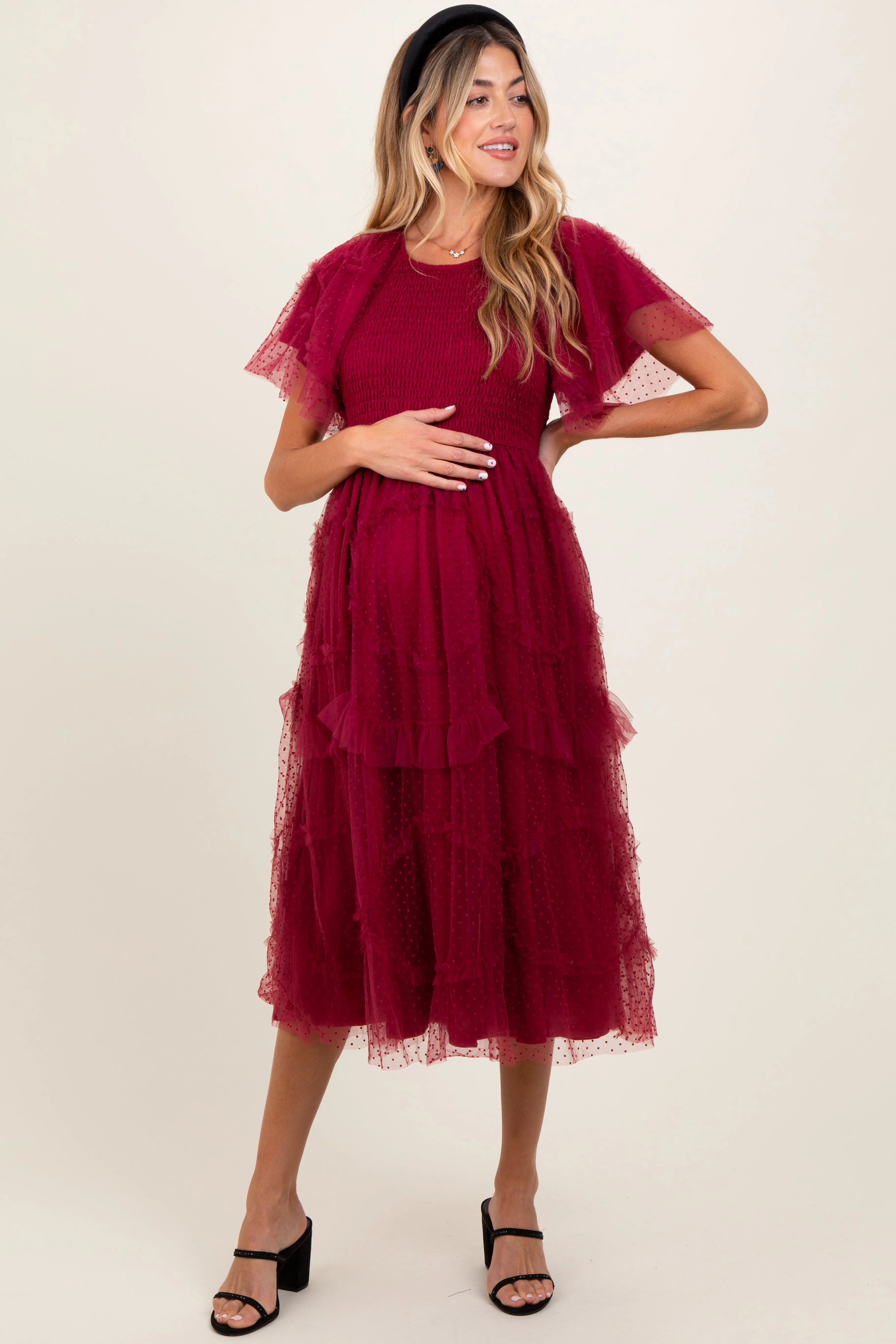 Burgundy Smocked Ruffled Mesh Maternity Midi Dress sold by Pinkblush product image thumbnail 2
