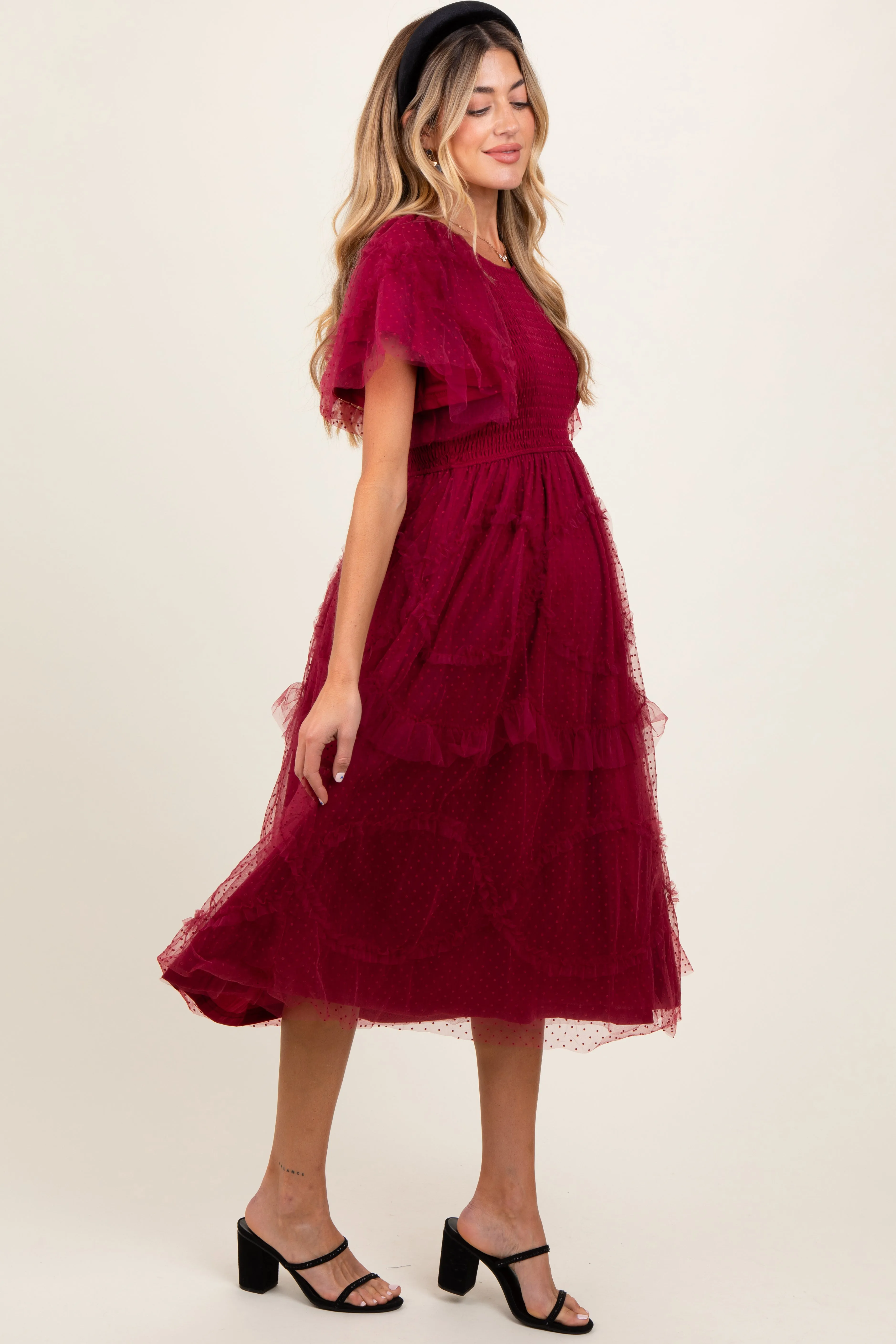 Burgundy Smocked Ruffled Mesh Maternity Midi Dress sold by Pinkblush product image thumbnail 3