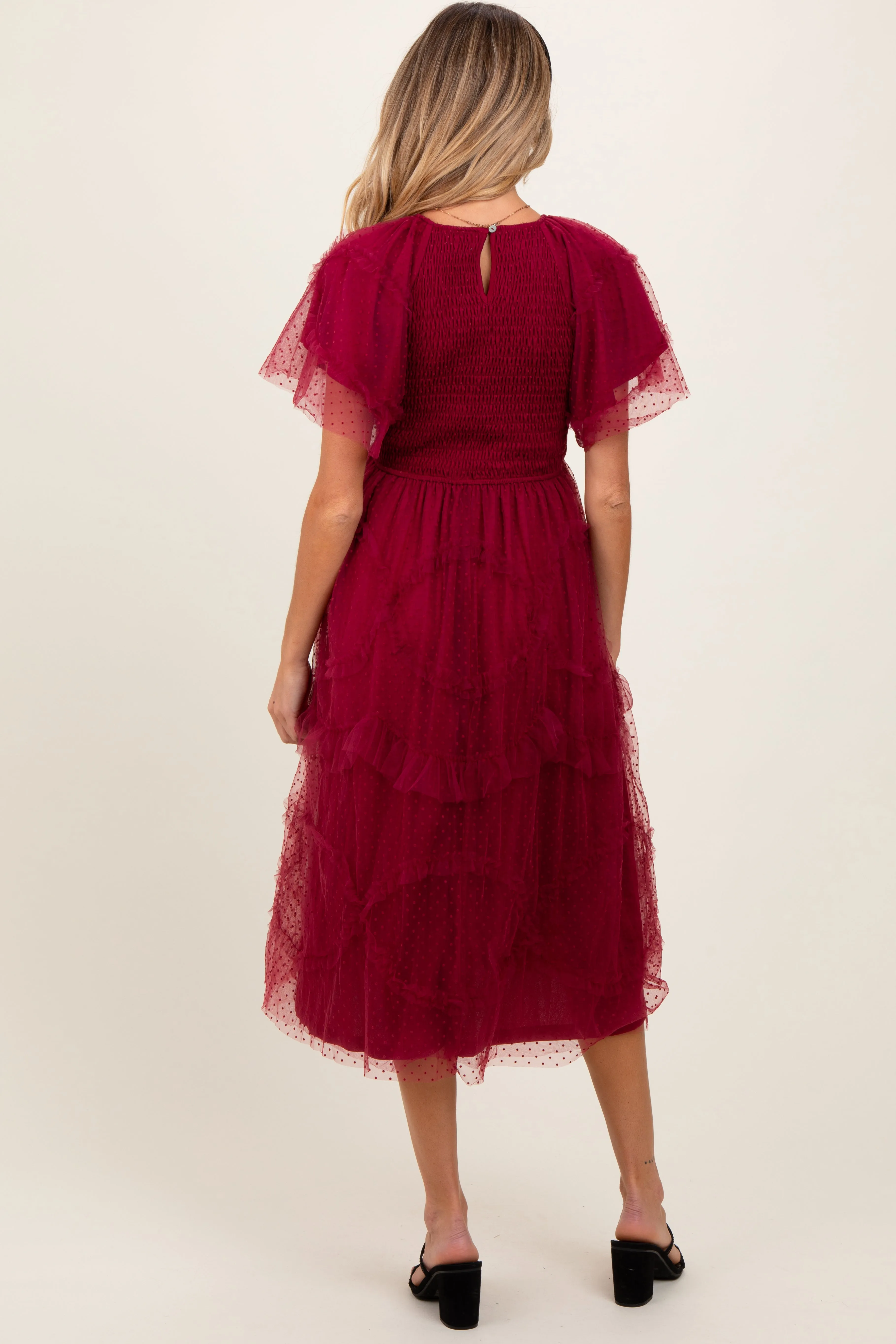 Burgundy Smocked Ruffled Mesh Maternity Midi Dress sold by Pinkblush product image thumbnail 4