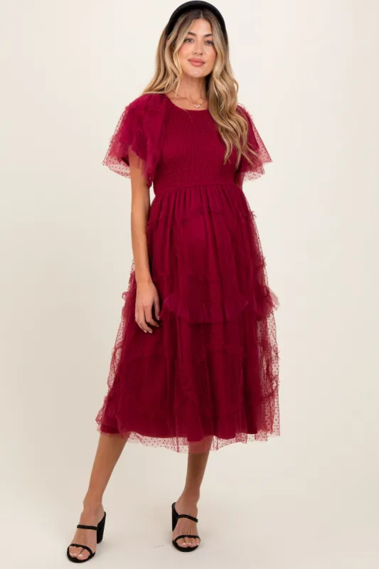 Burgundy Smocked Ruffled Mesh Maternity Midi Dress sold by Pinkblush