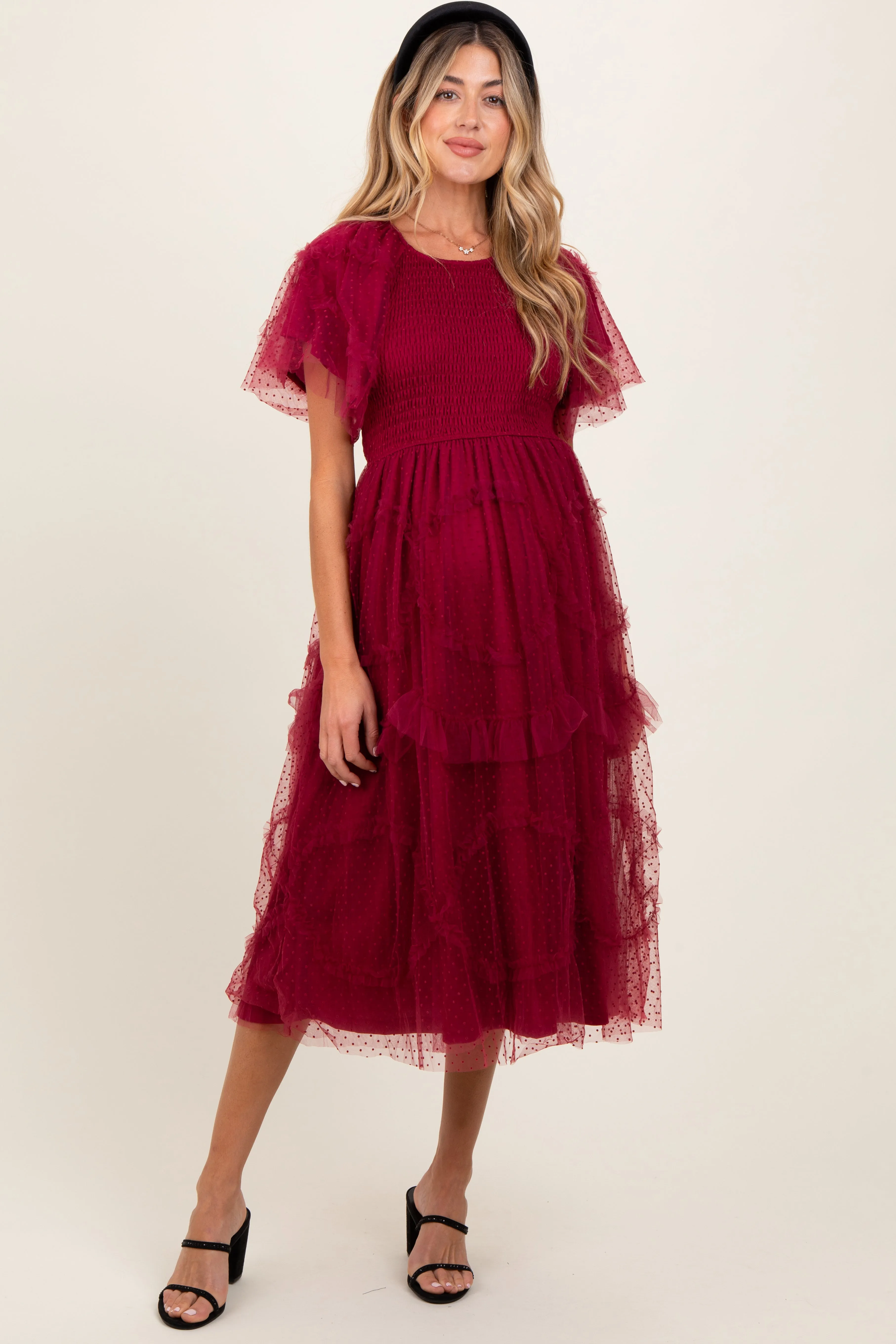 Burgundy Smocked Ruffled Mesh Maternity Midi Dress sold by Pinkblush