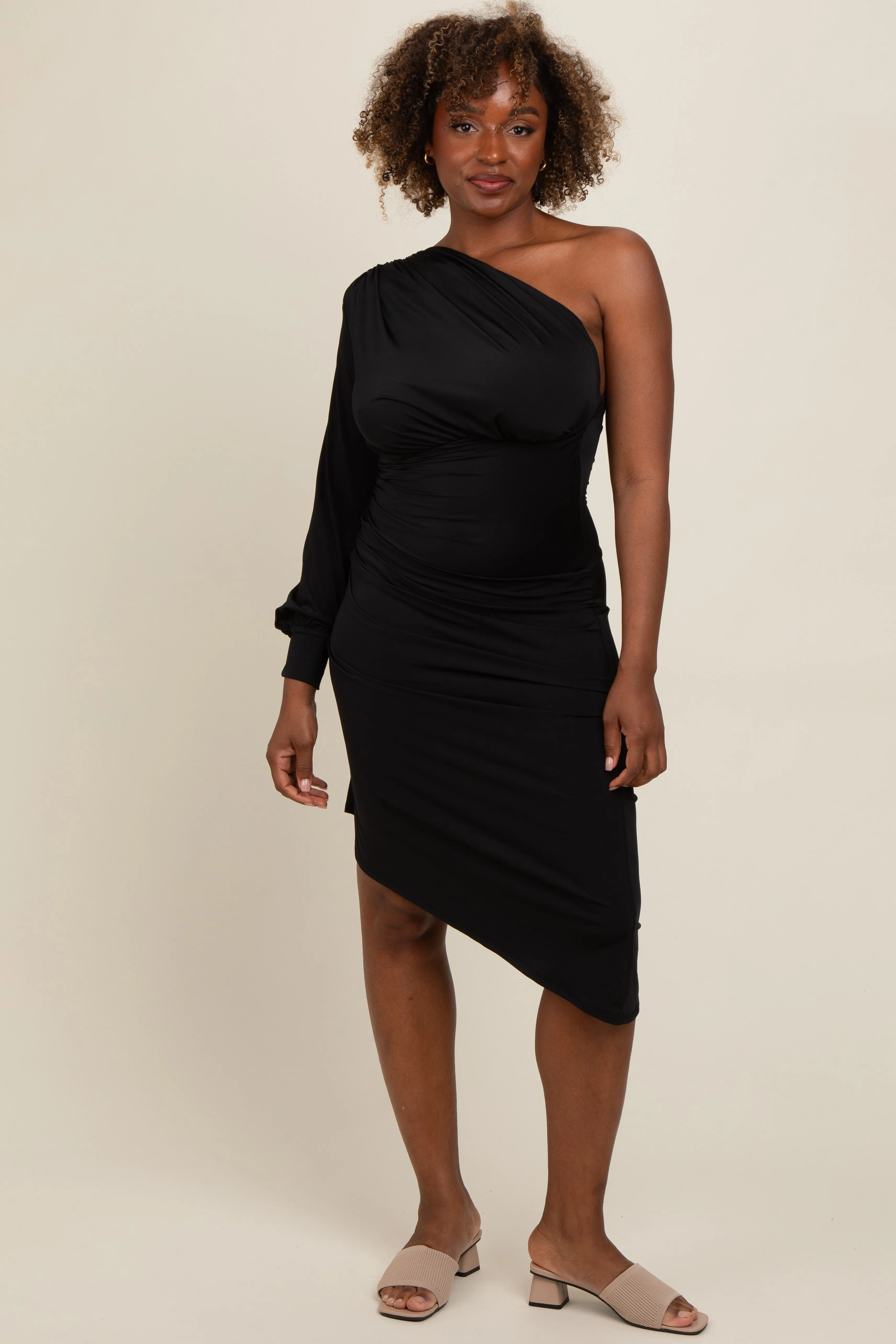 Black One Shoulder Asymmetric Dress sold by Pinkblush