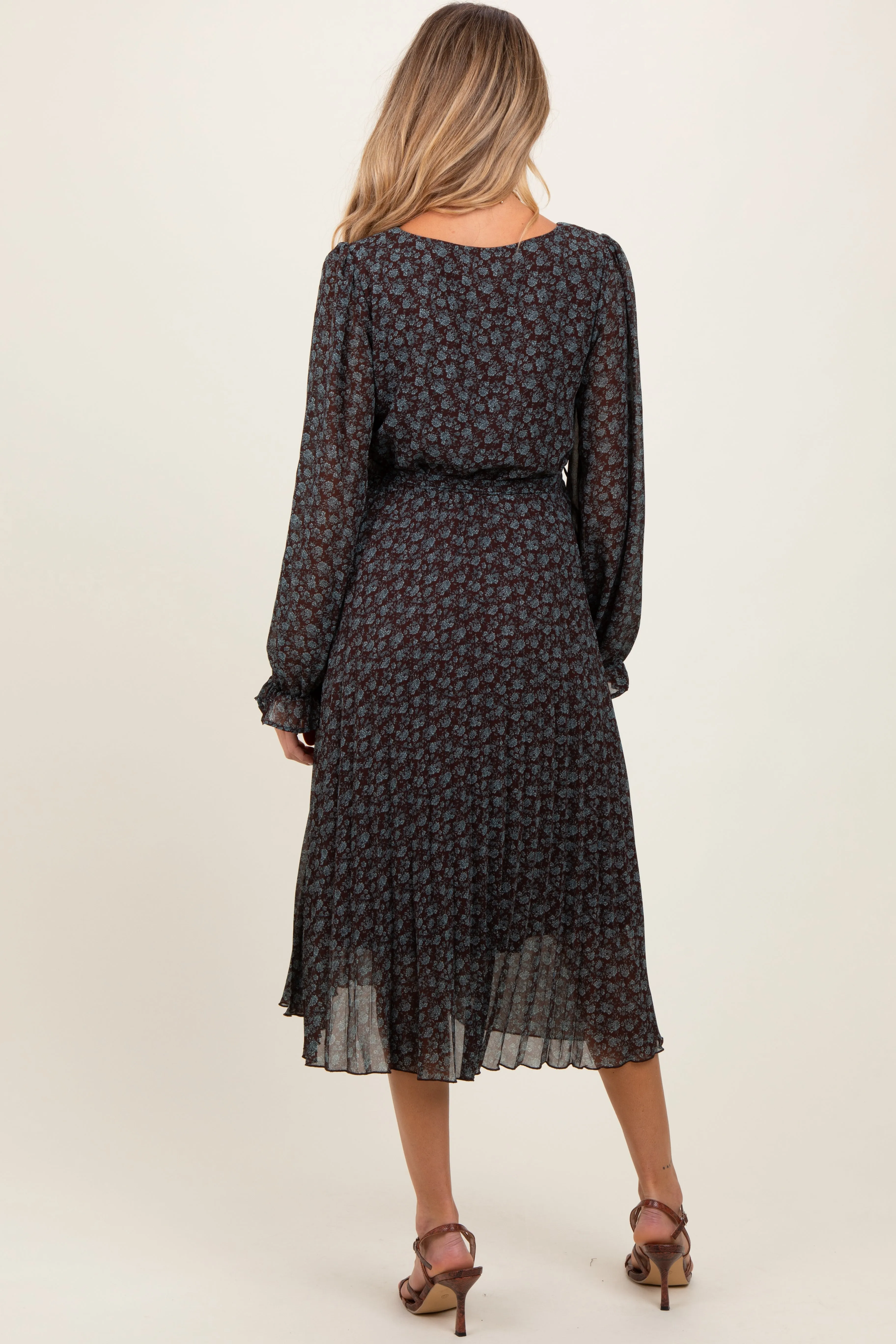 Brown Floral Front Tie Pleated Maternity Midi Dress sold by Pinkblush product image thumbnail 2