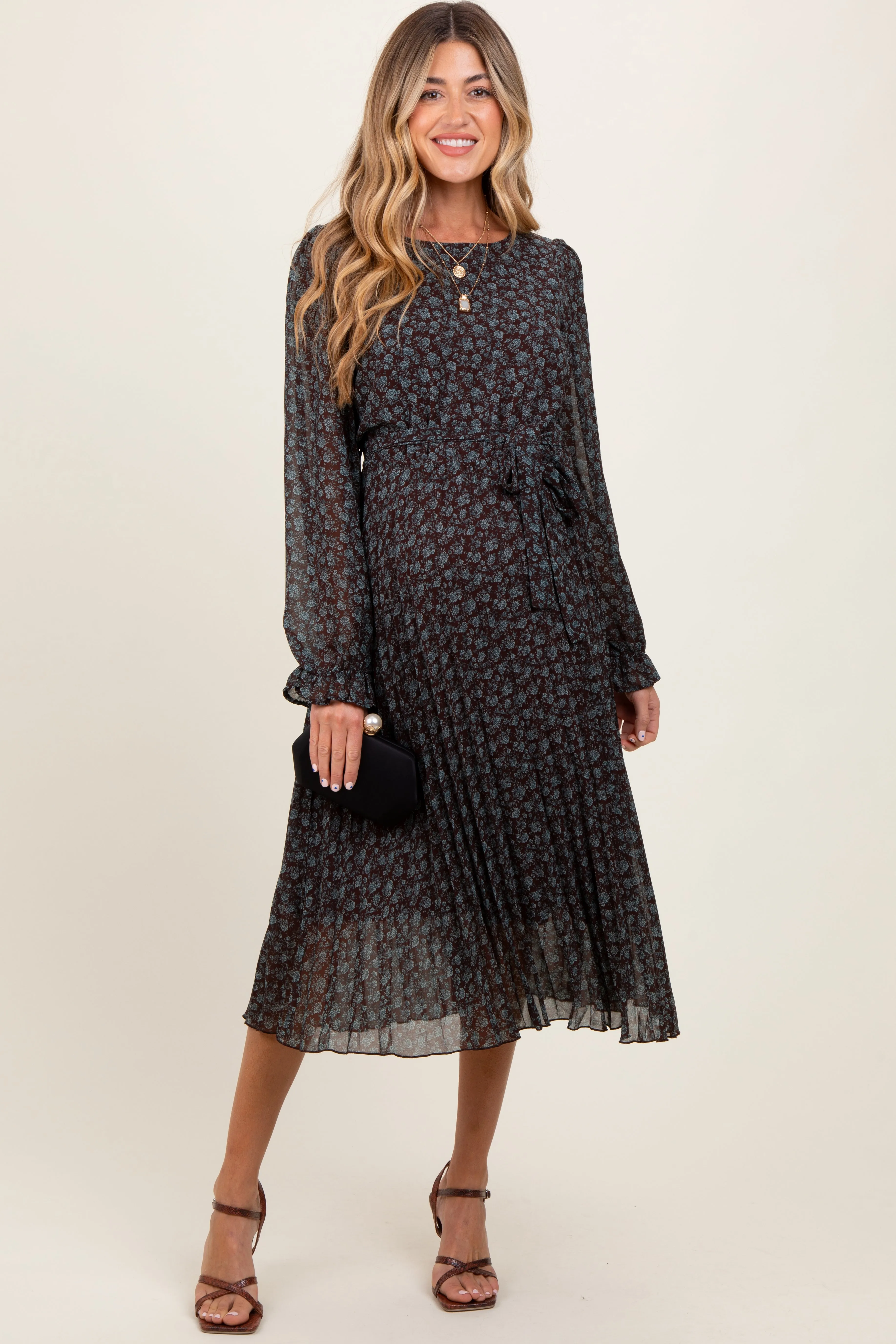 Brown Floral Front Tie Pleated Maternity Midi Dress sold by Pinkblush