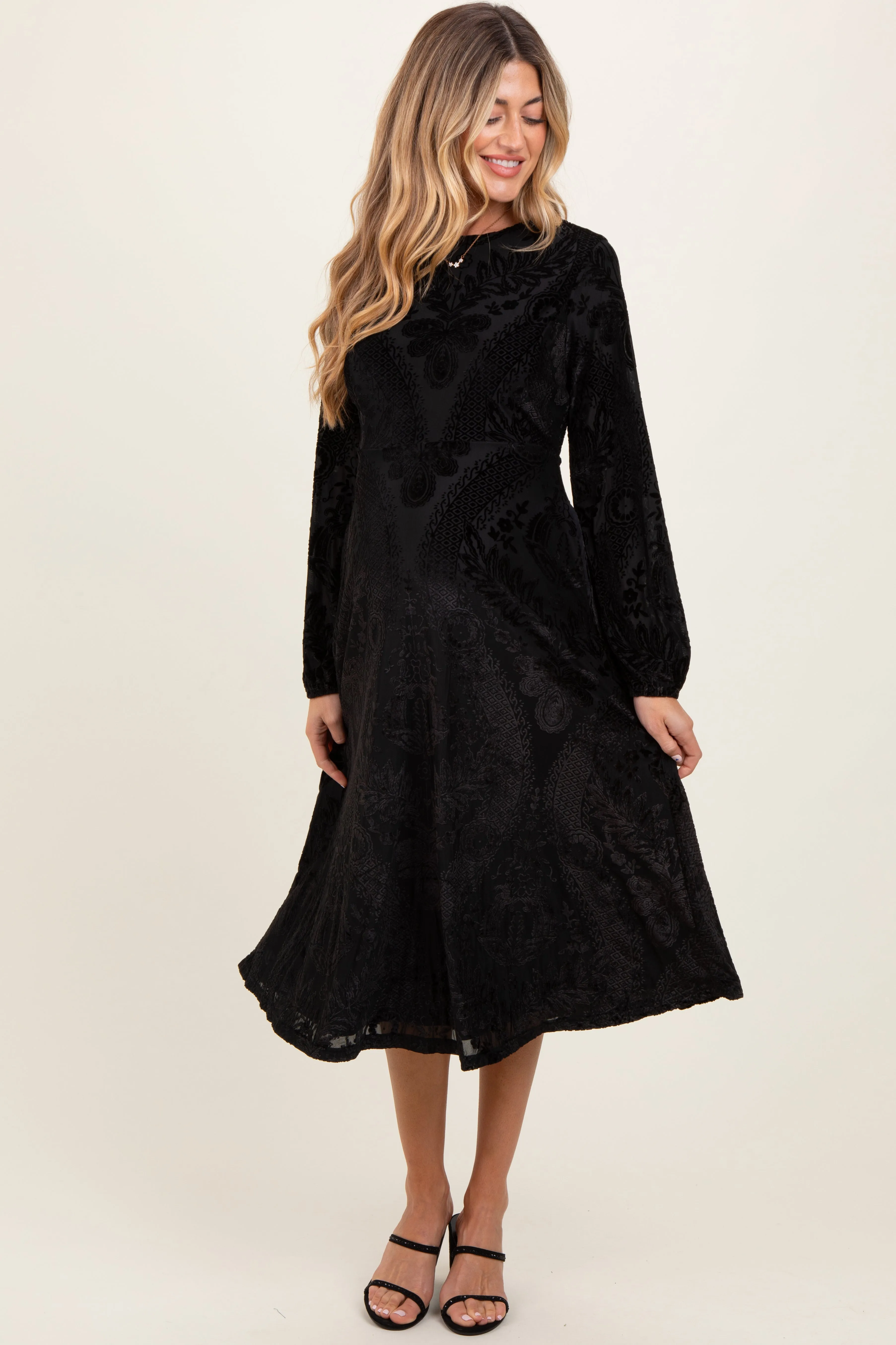 Black Velvet Damask Maternity Midi Dress sold by Pinkblush