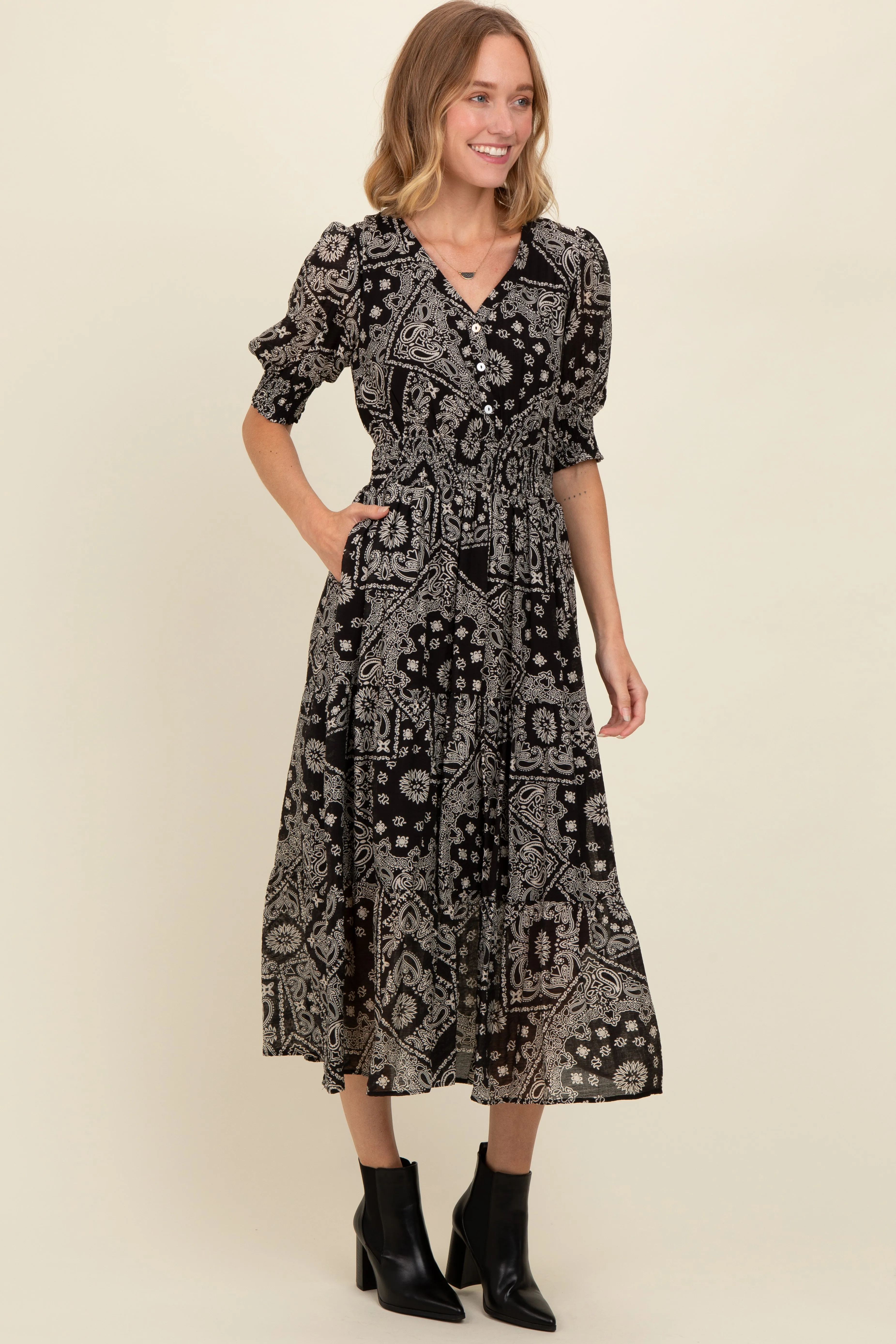 Black Paisley Button Front V-Neck Tiered Midi Dress sold by Pinkblush product image thumbnail 2