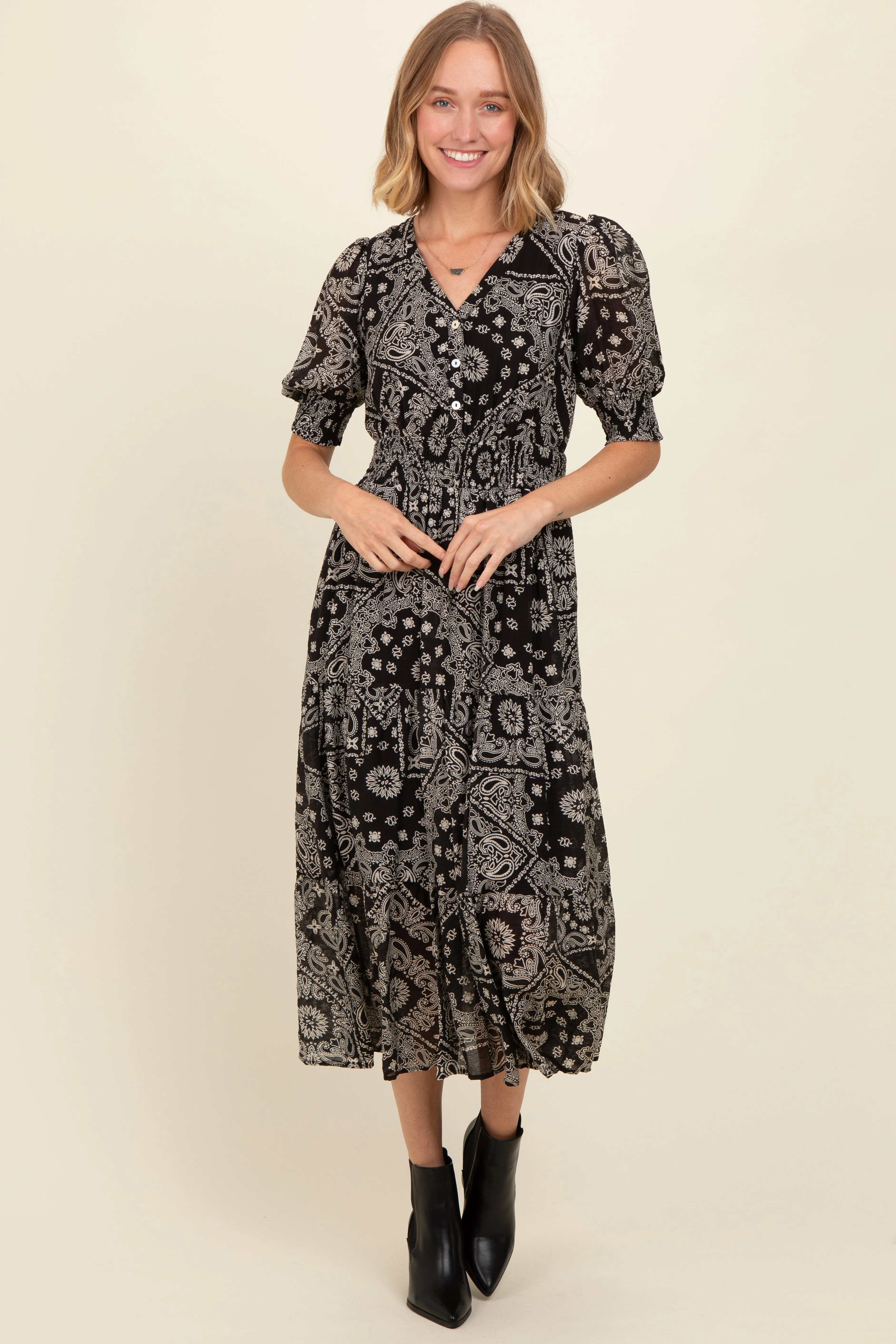 Black Paisley Button Front V-Neck Tiered Midi Dress sold by Pinkblush