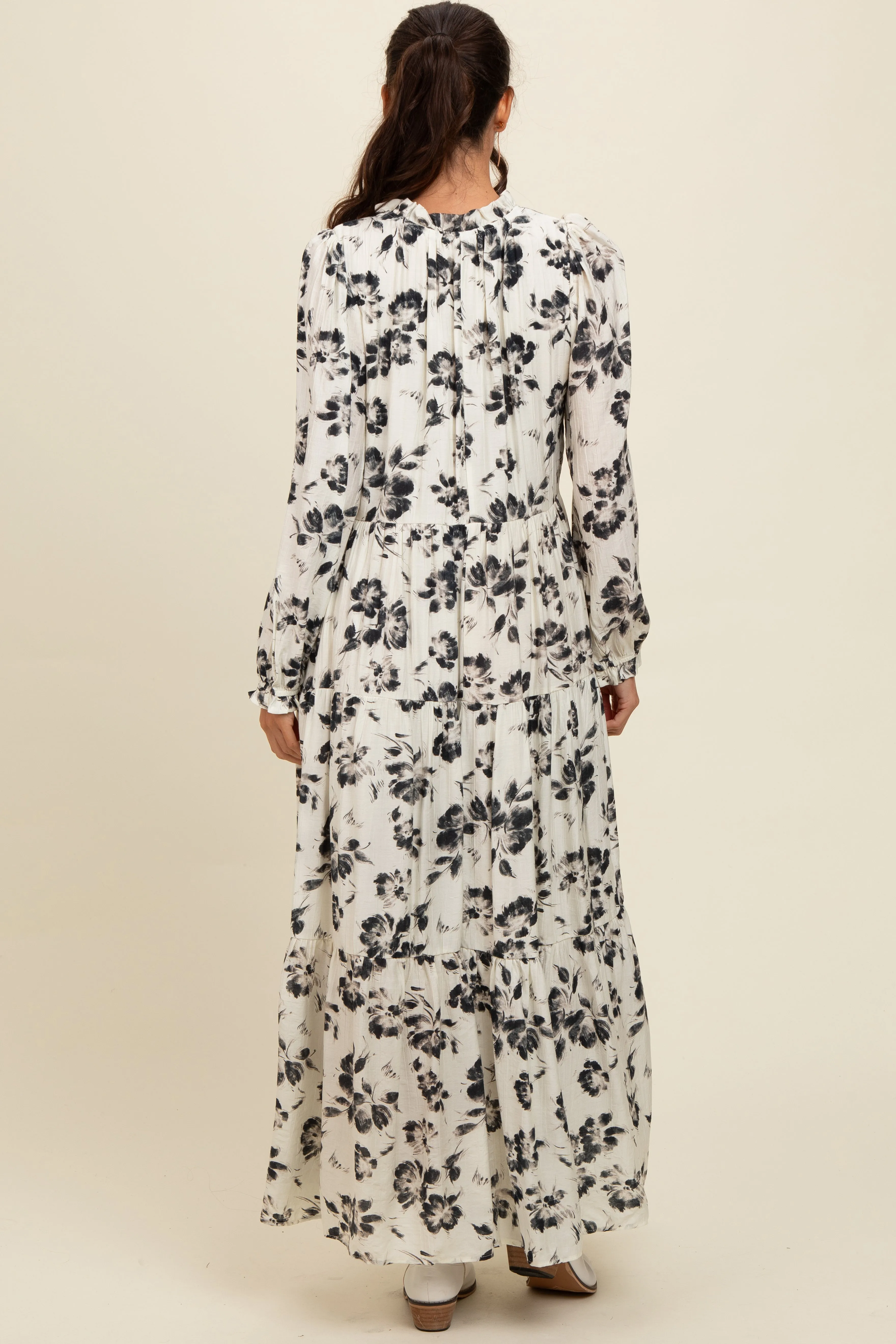 Black Floral Button Front Tiered Long Sleeve Maxi Dress sold by Pinkblush product image thumbnail 3