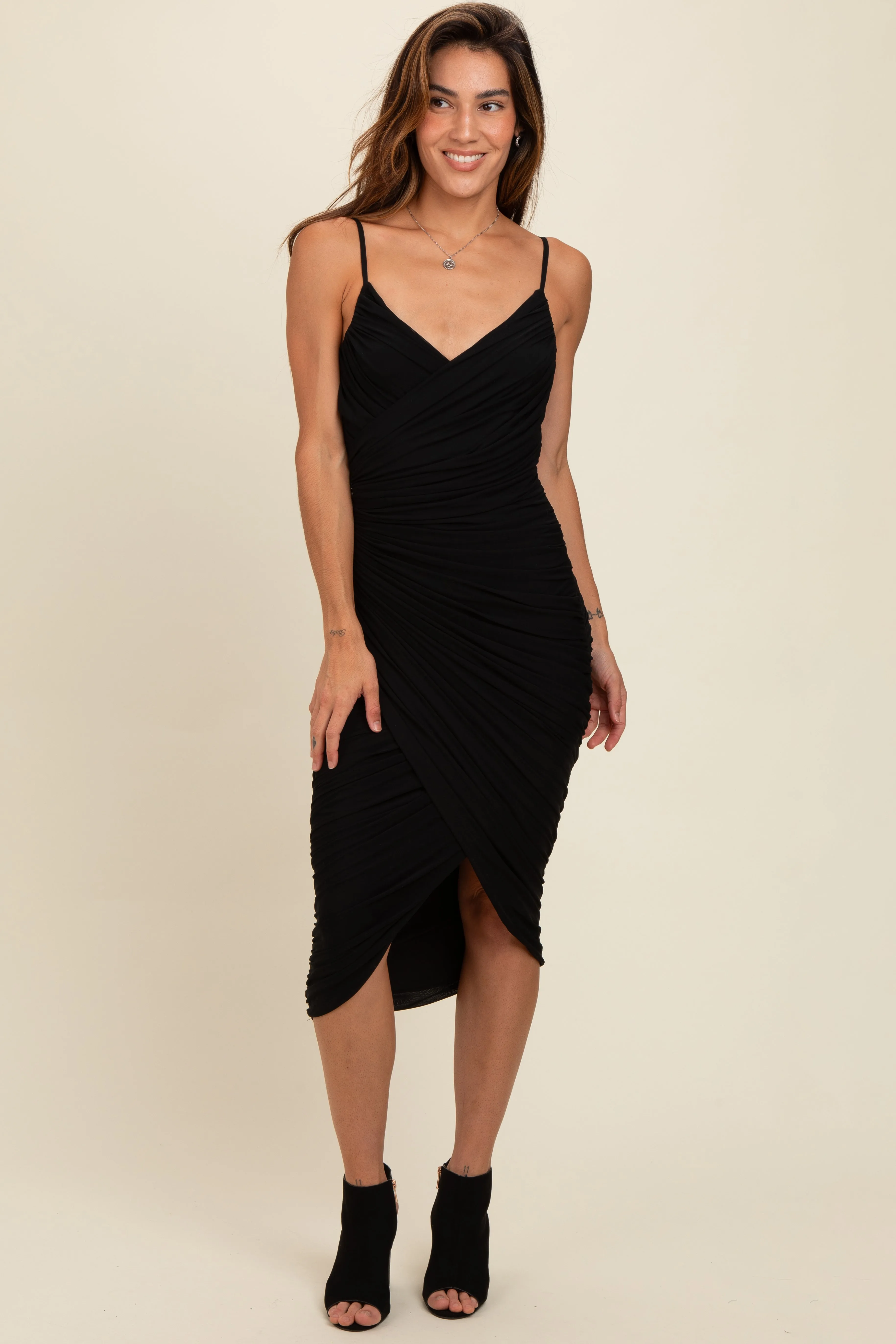 Black Ruched Mesh Fitted Tulip Hem Dress sold by Pinkblush