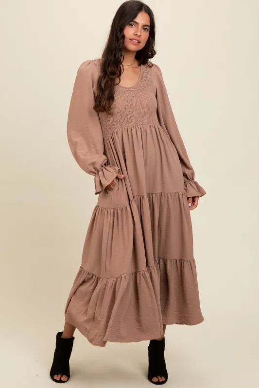 Mocha Smocked Tiered Long Sleeve Maxi Dress sold by Pinkblush