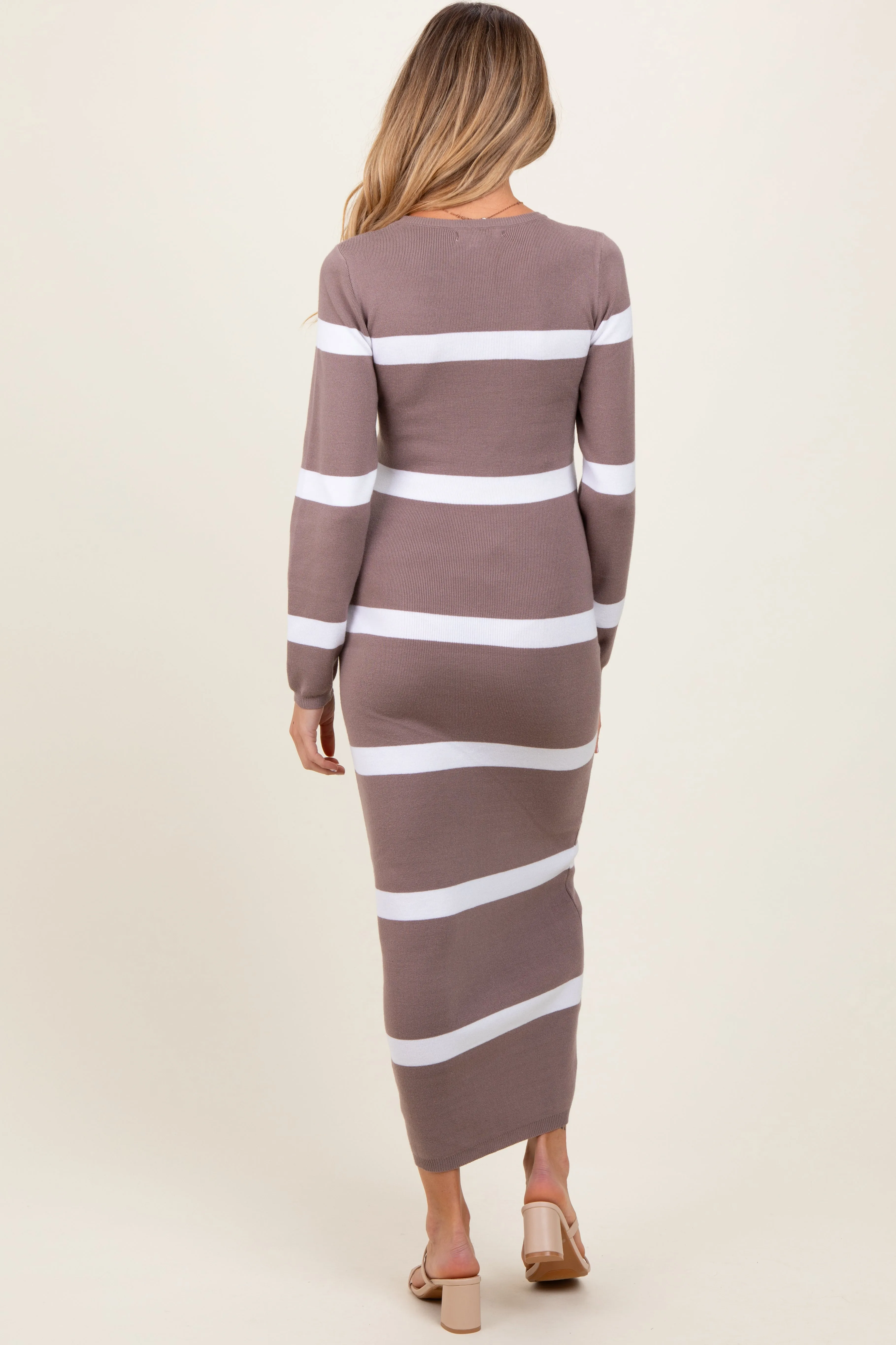 Mocha Striped Knit Long Sleeve Maternity Midi Sweater Dress sold by Pinkblush product image thumbnail 3
