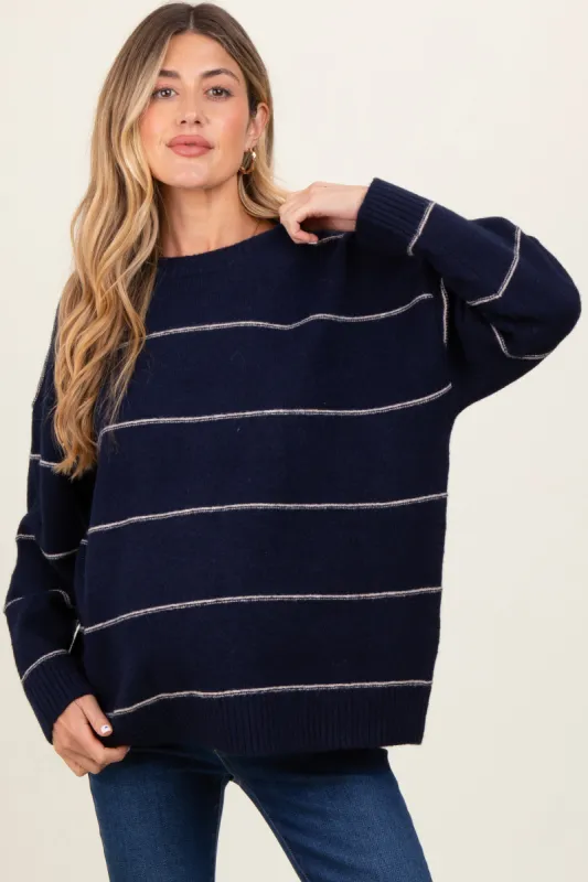 Navy Striped Drop Shoulder Maternity Sweater sold by Pinkblush