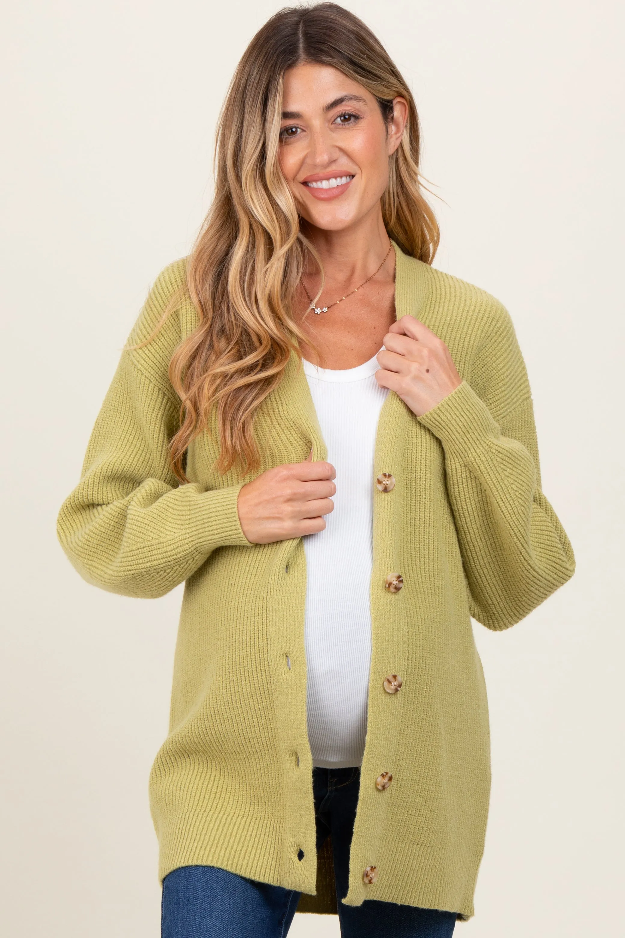 Light Olive Knit Oversized Button Down V-Neck Maternity Cardigan sold by Pinkblush