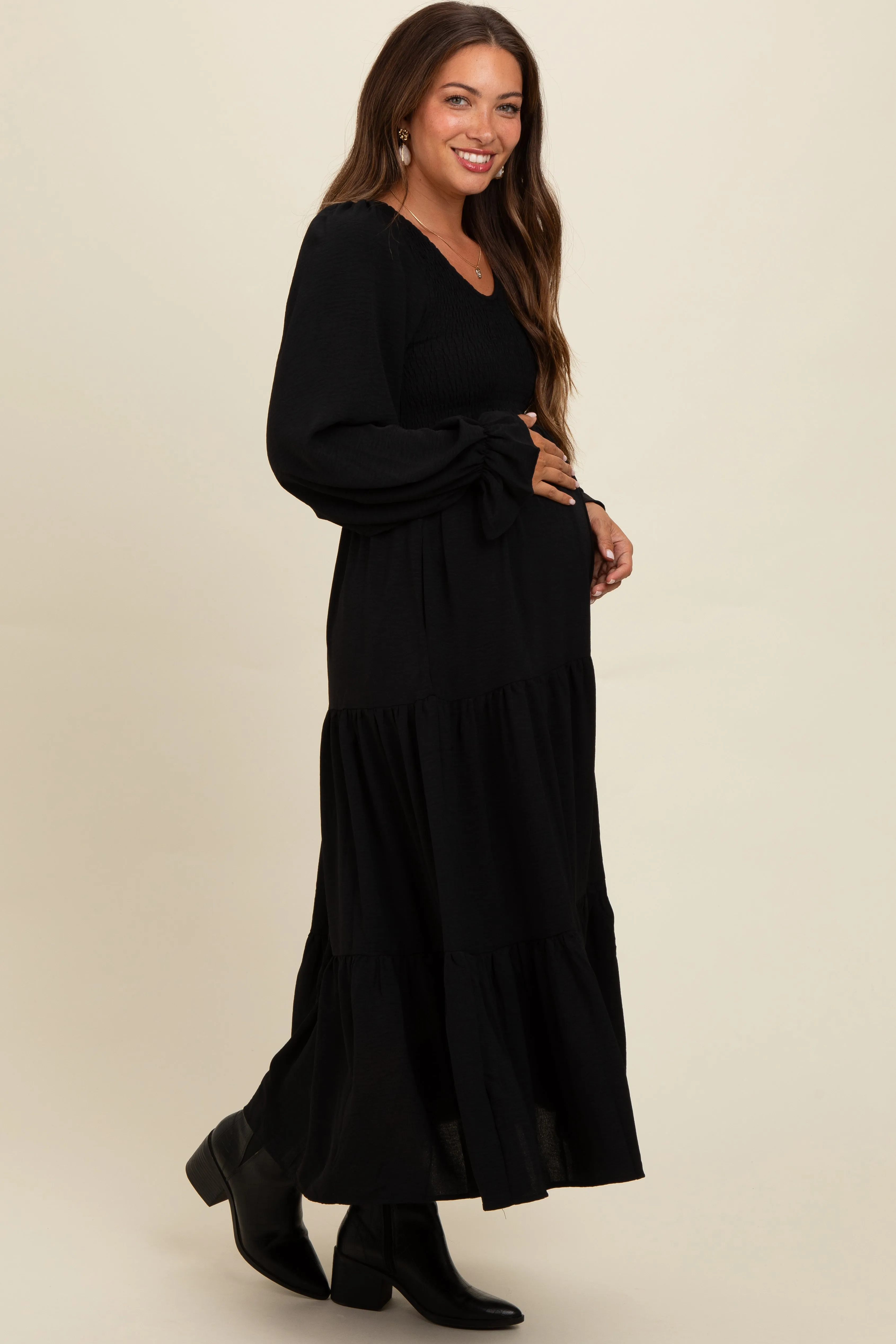 Black Smocked Tiered Long Sleeve Maternity Maxi Dress sold by Pinkblush product image thumbnail 3