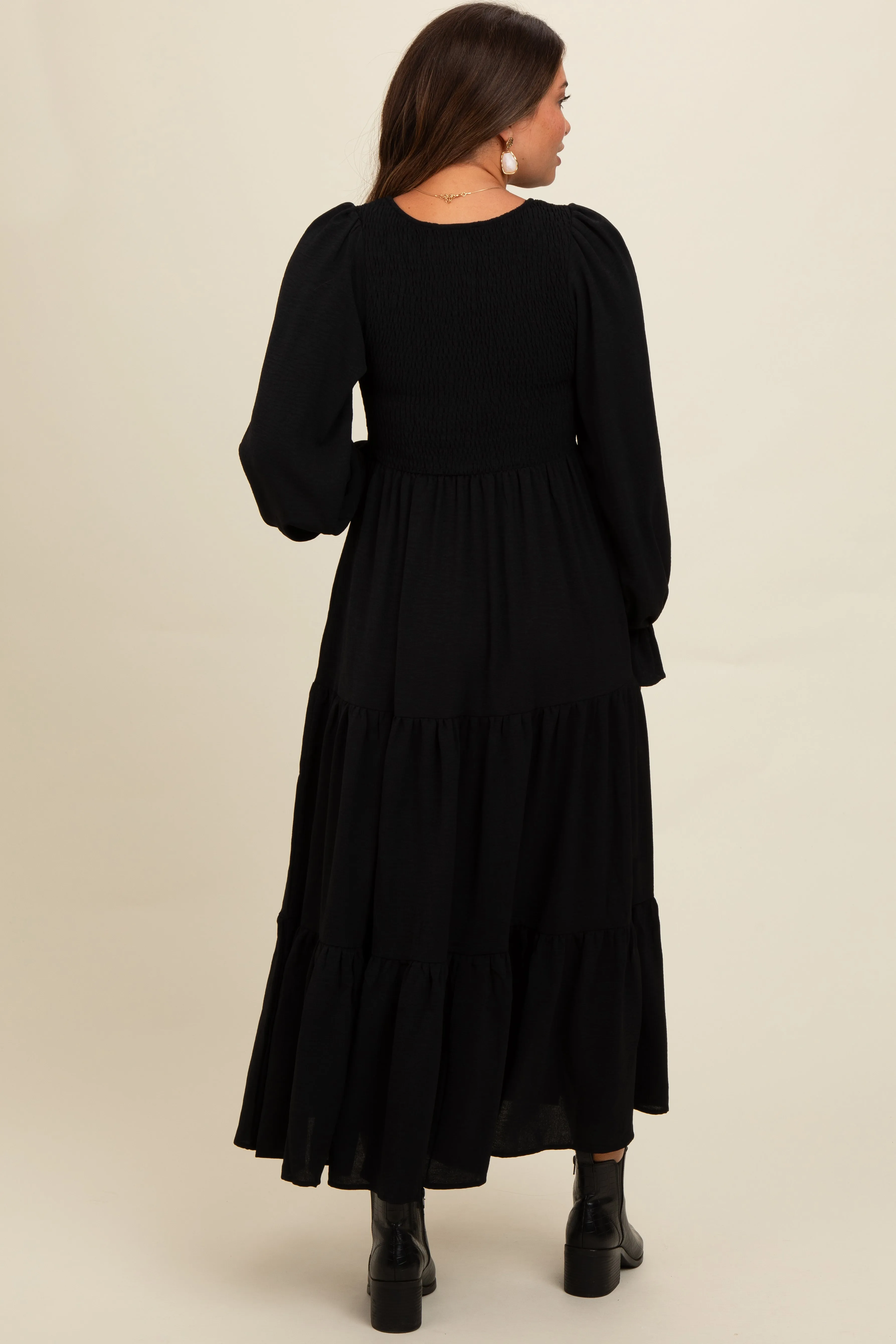 Black Smocked Tiered Long Sleeve Maternity Maxi Dress sold by Pinkblush product image thumbnail 4