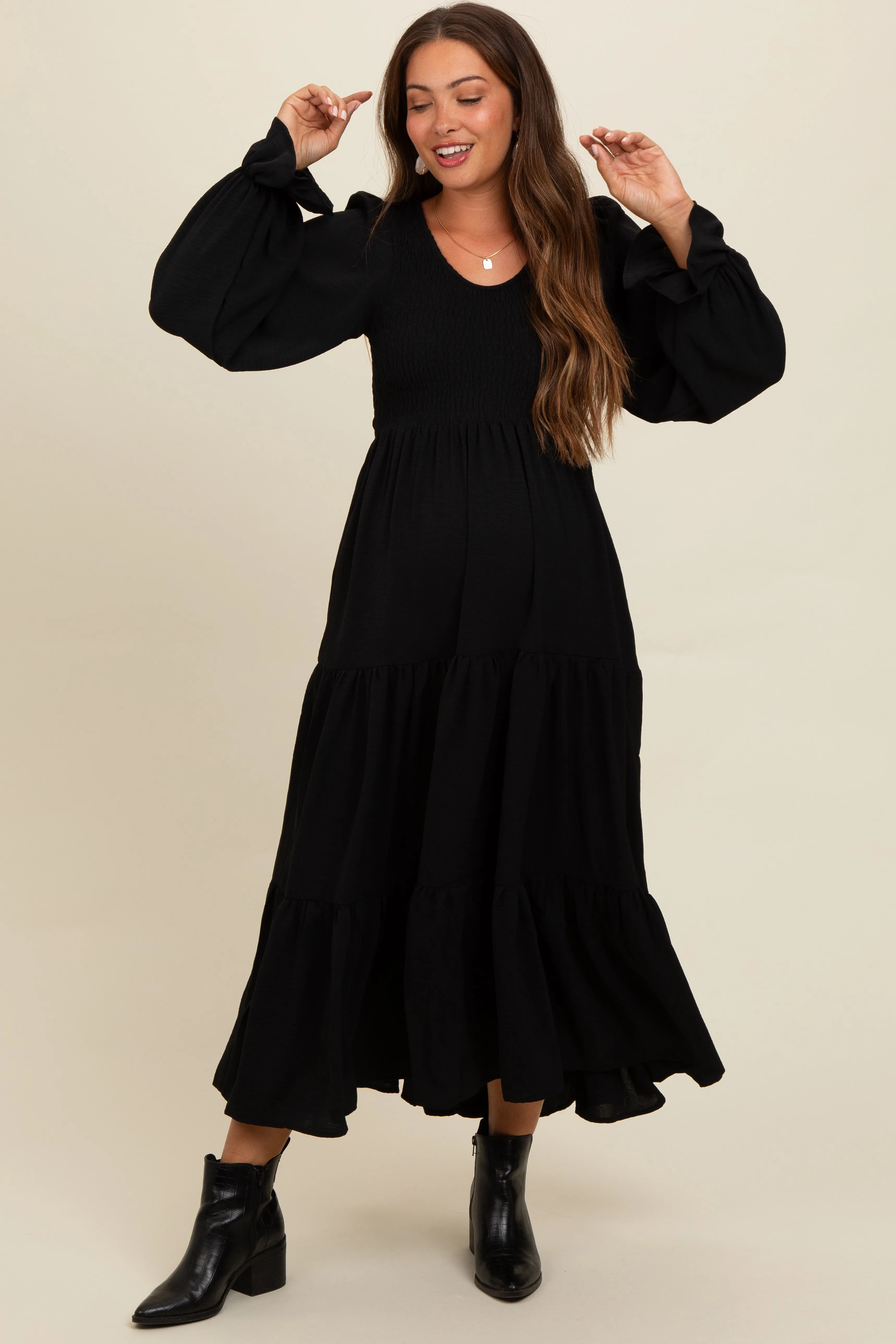 Black Smocked Tiered Long Sleeve Maternity Maxi Dress sold by Pinkblush product image thumbnail 2