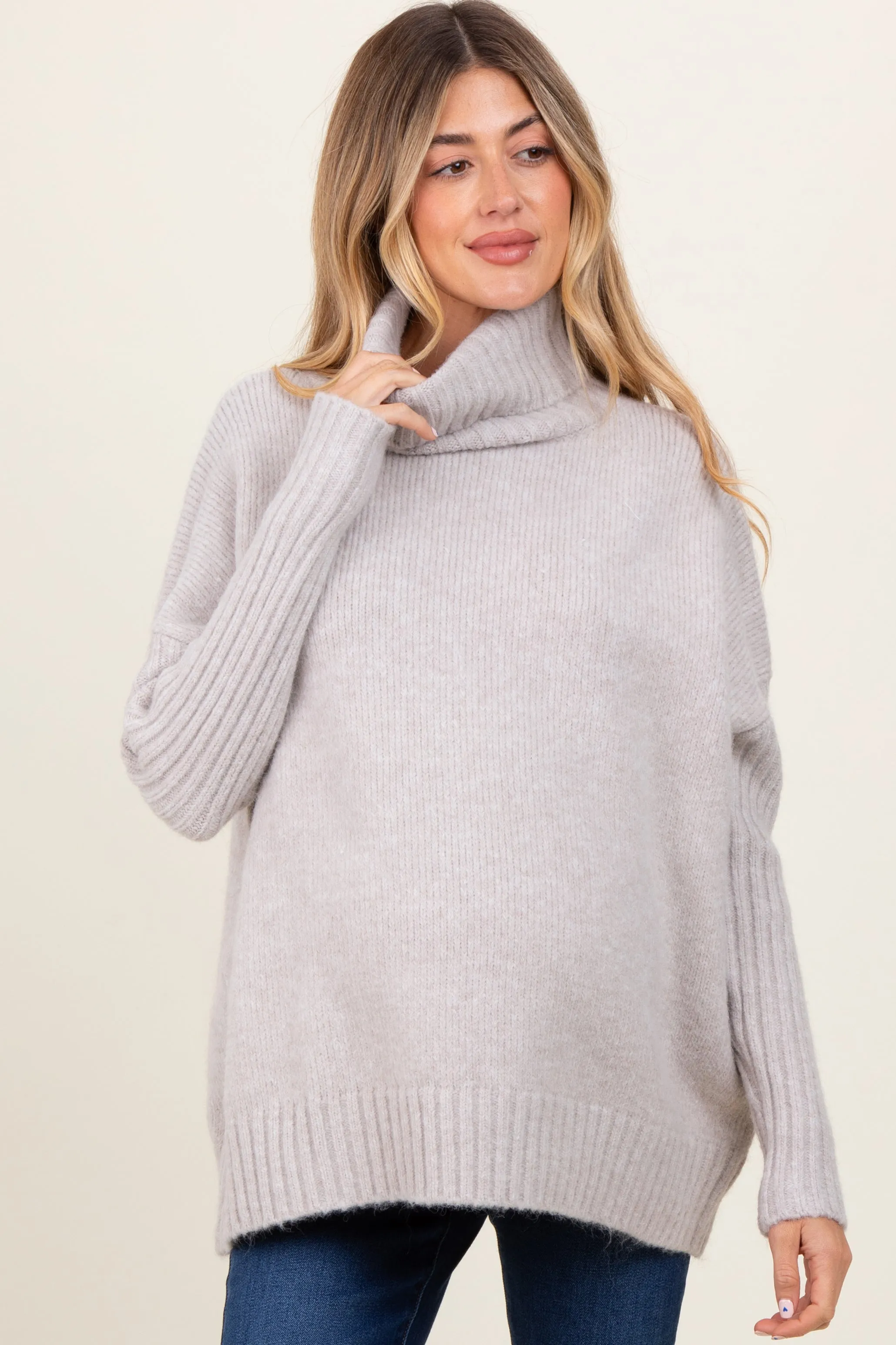 Light Grey Contrast Ribbed Knit Turtleneck Maternity Sweater sold by Pinkblush product image thumbnail 2
