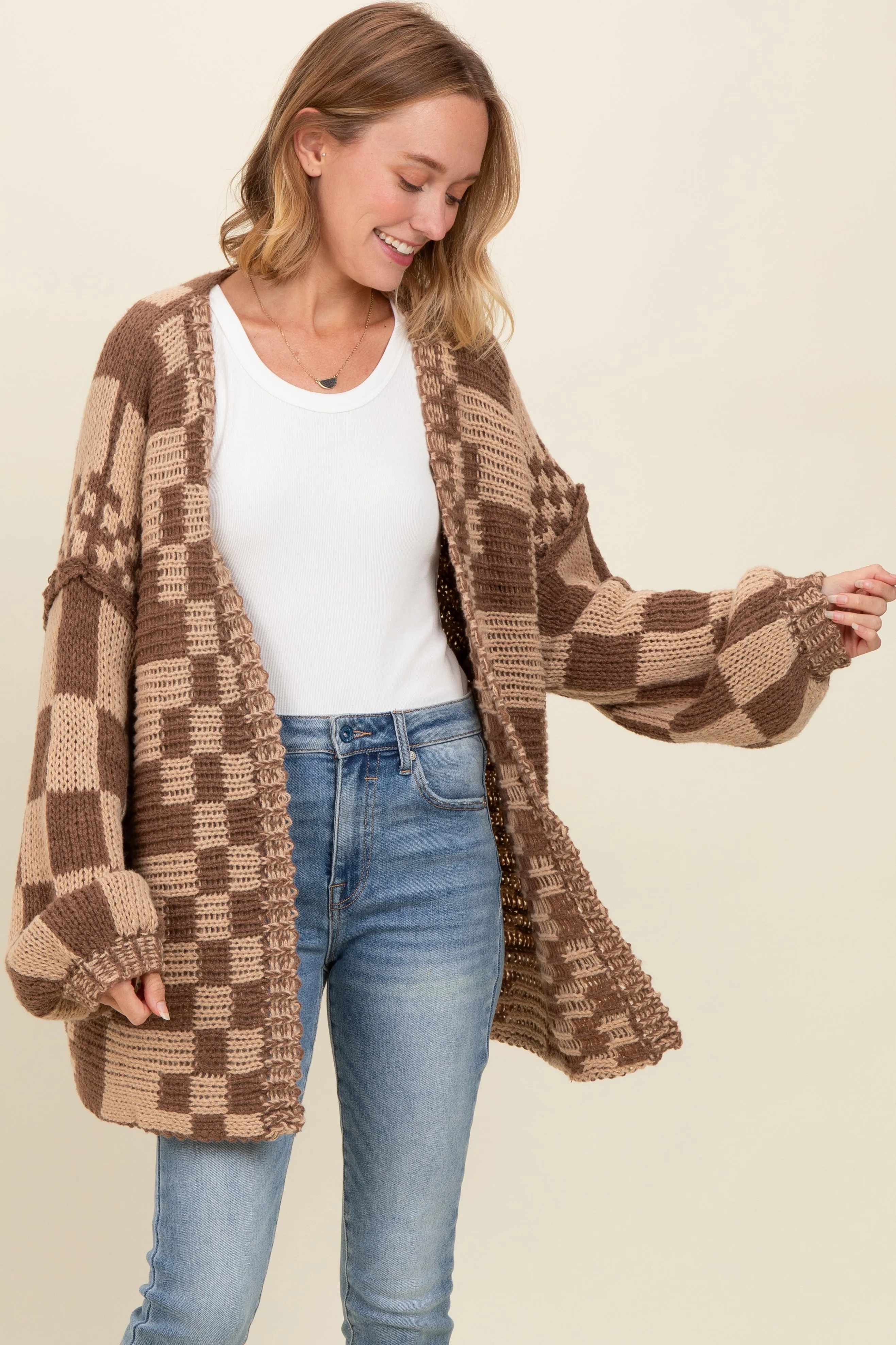Brown Mixed Check Pattern Chunky Cardigan sold by Pinkblush product image thumbnail 4