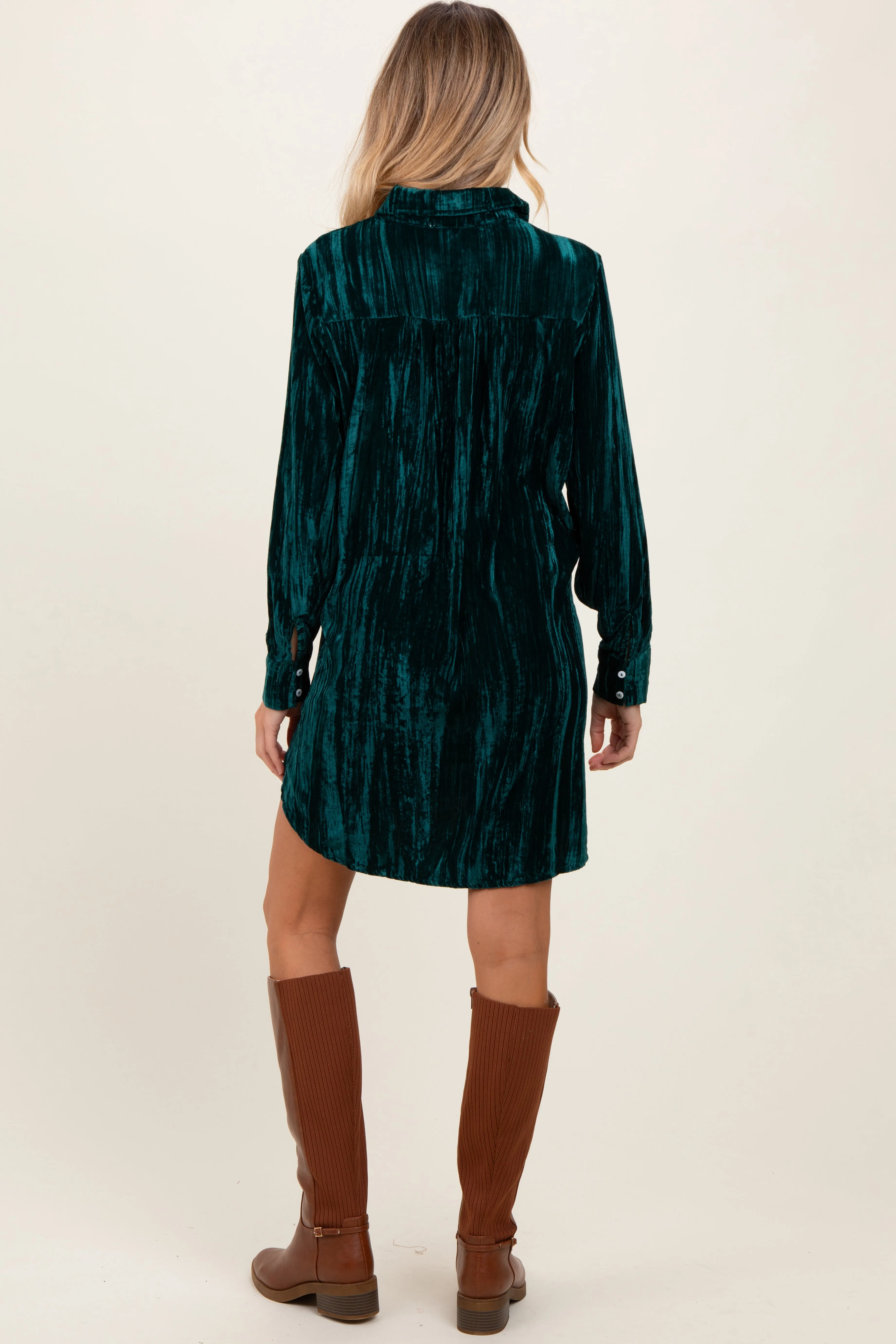 Forest Green Crinkled Velvet Button Down Maternity Shirt Dress sold by Pinkblush product image thumbnail 4