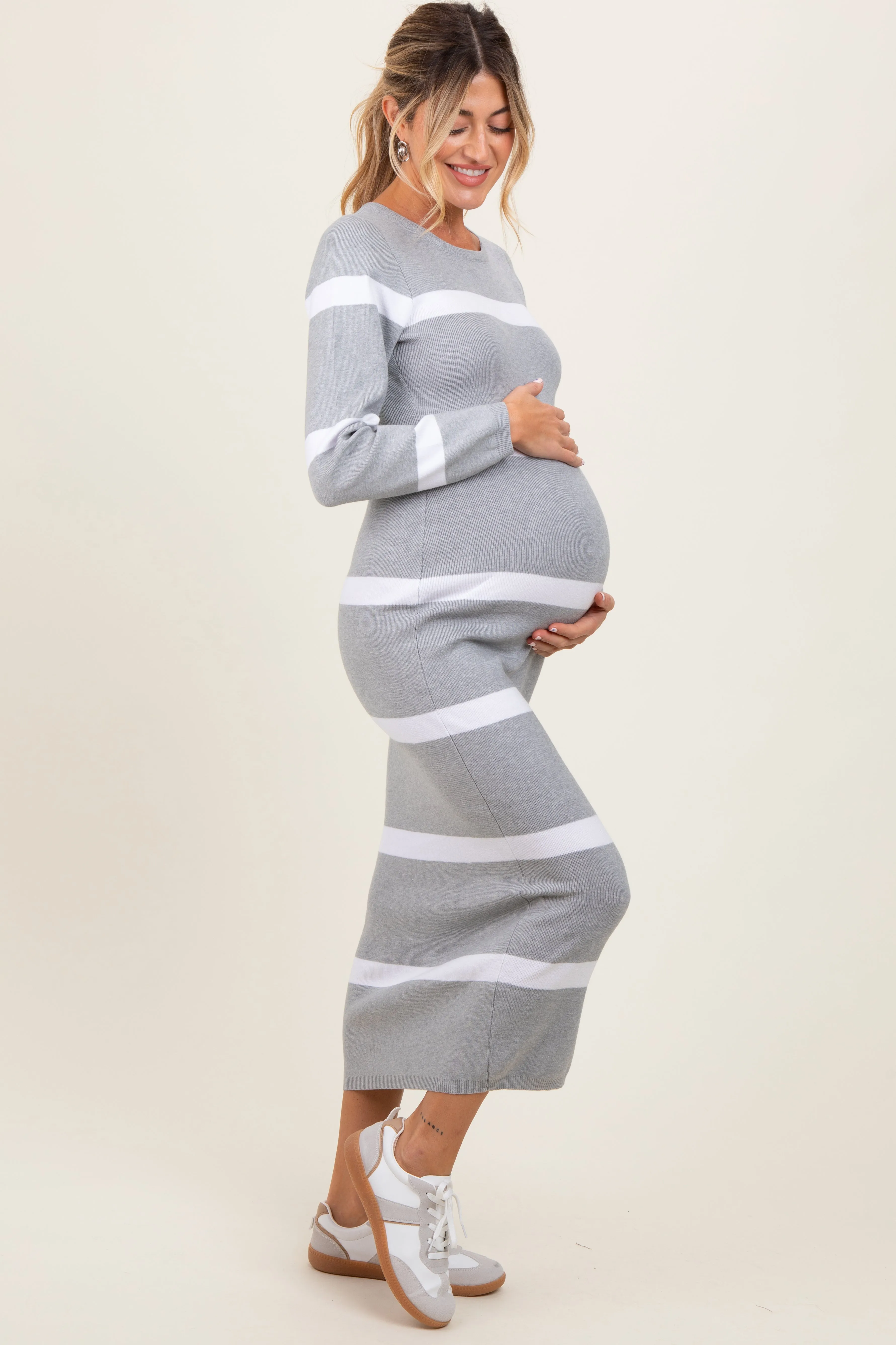Heather Grey Striped Knit Long Sleeve Maternity Midi Sweater Dress sold by Pinkblush product image thumbnail 2