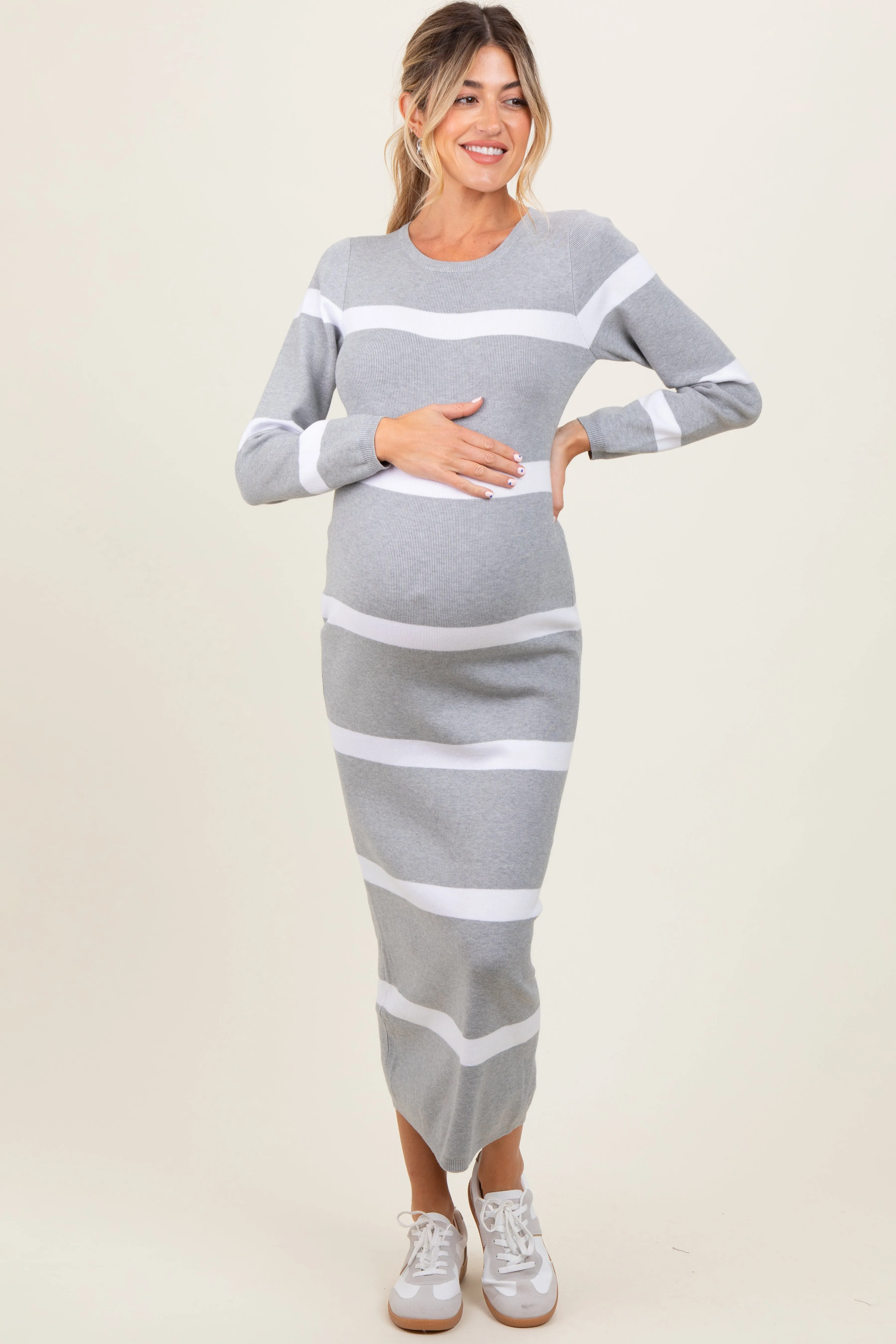 Heather Grey Striped Knit Long Sleeve Maternity Midi Sweater Dress sold by Pinkblush