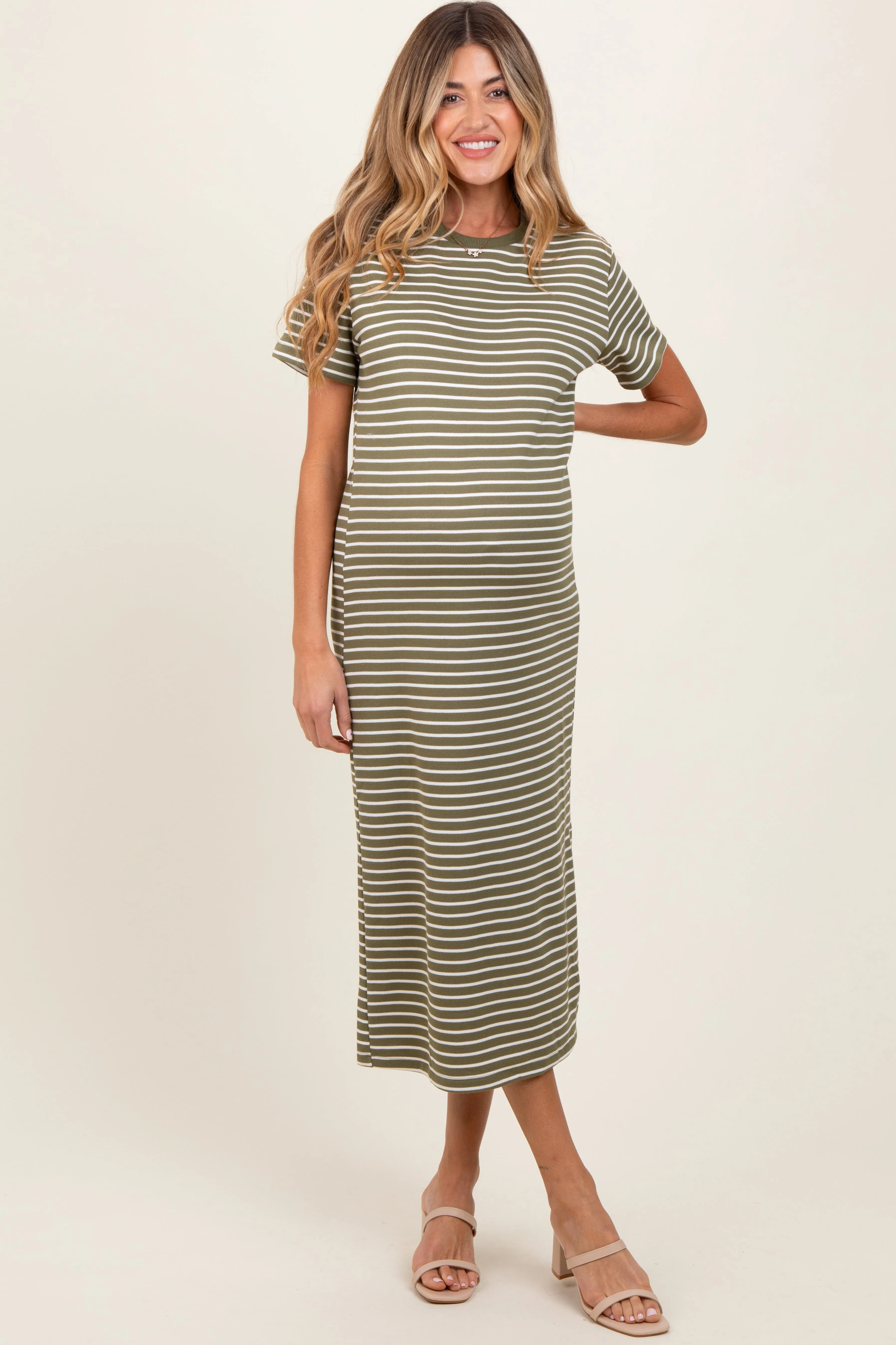 Olive Striped Short Sleeve Side Slit Maternity T-Shirt Midi Dress sold by Pinkblush product image thumbnail 2