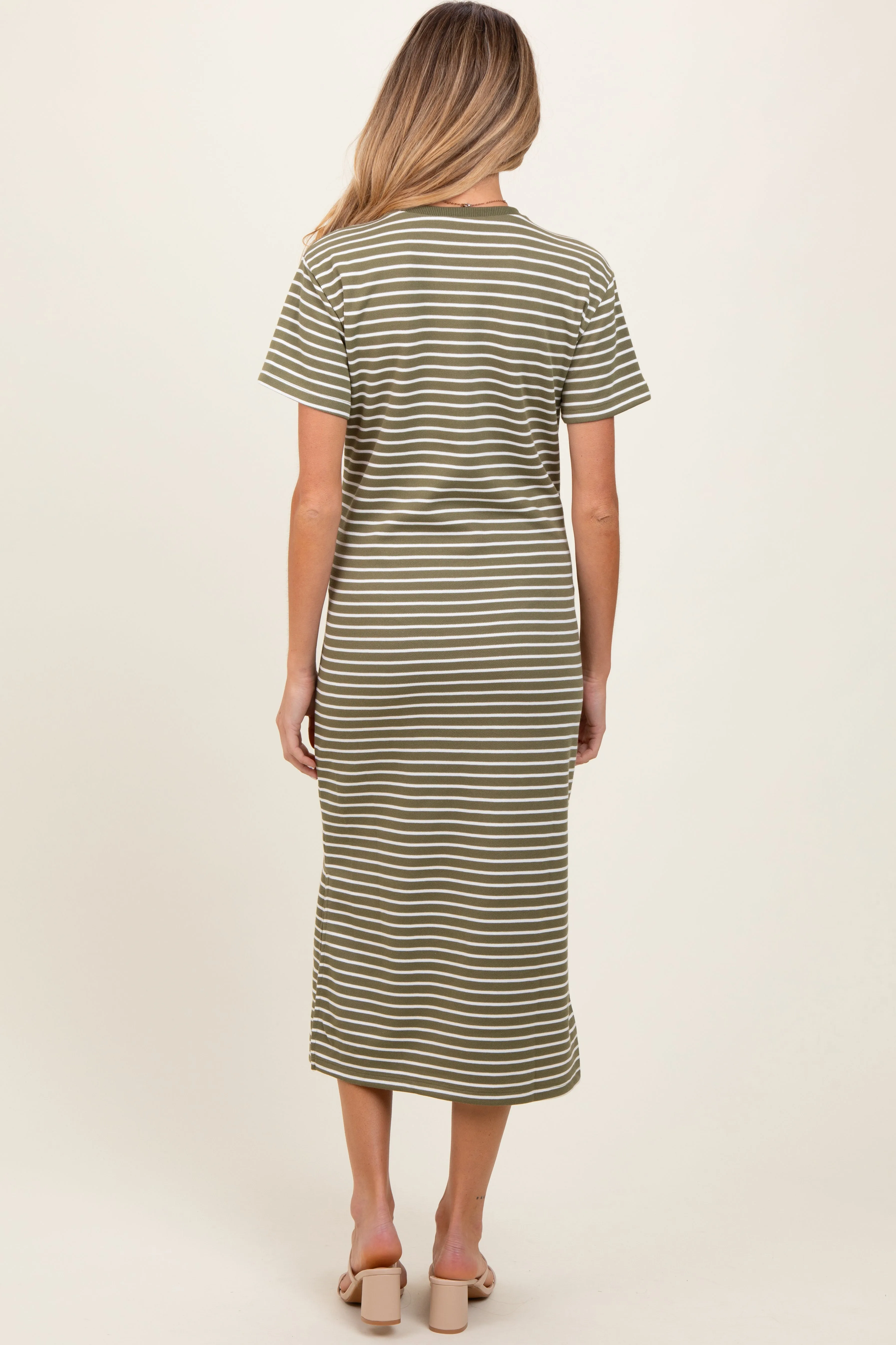 Olive Striped Short Sleeve Side Slit Maternity T-Shirt Midi Dress sold by Pinkblush product image thumbnail 4