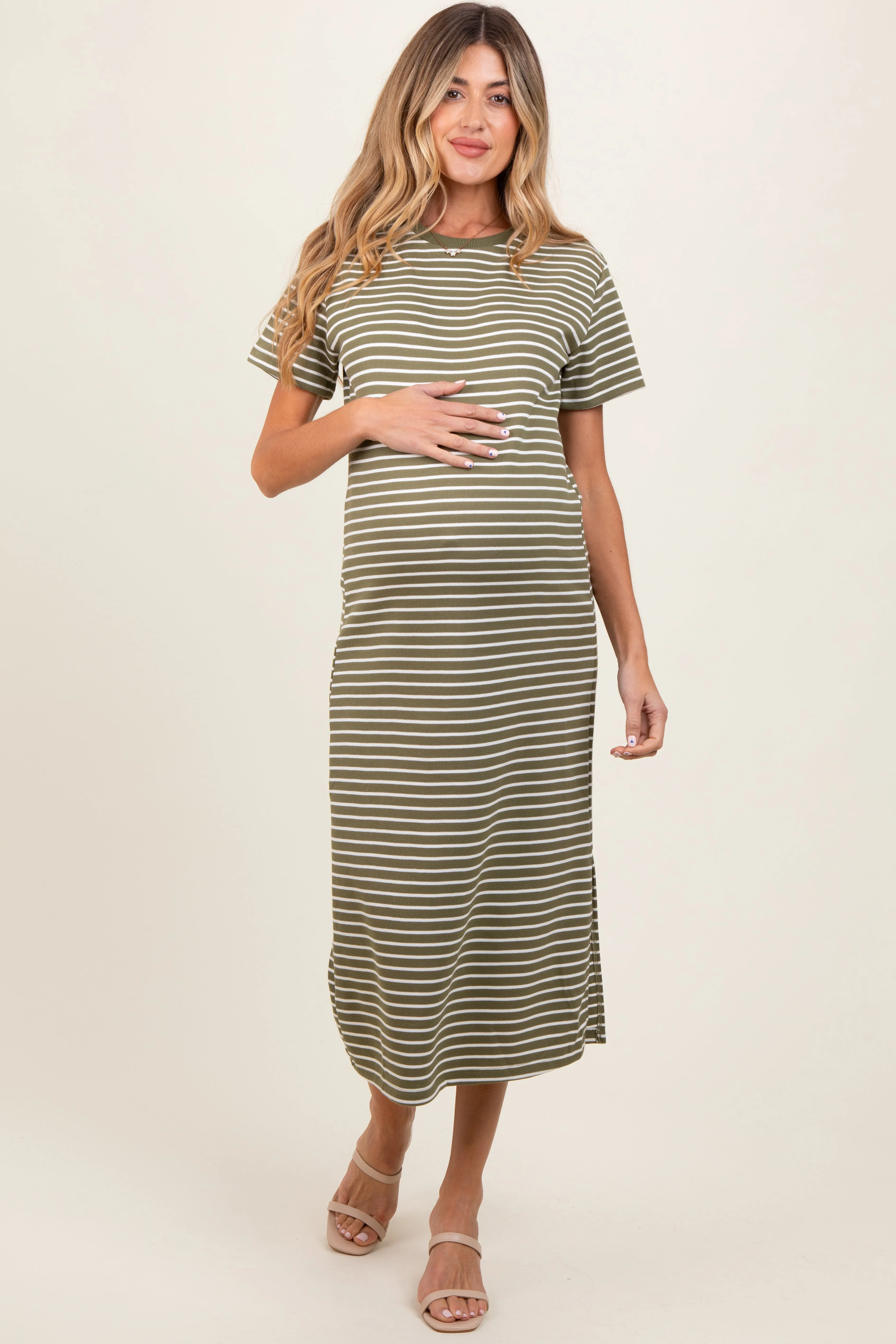 Olive Striped Short Sleeve Side Slit Maternity T-Shirt Midi Dress sold by Pinkblush