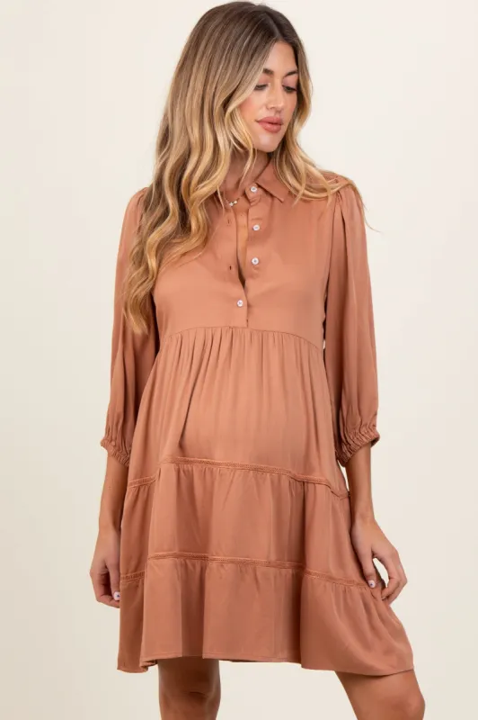 Camel Collared Tiered Maternity Dress sold by Pinkblush