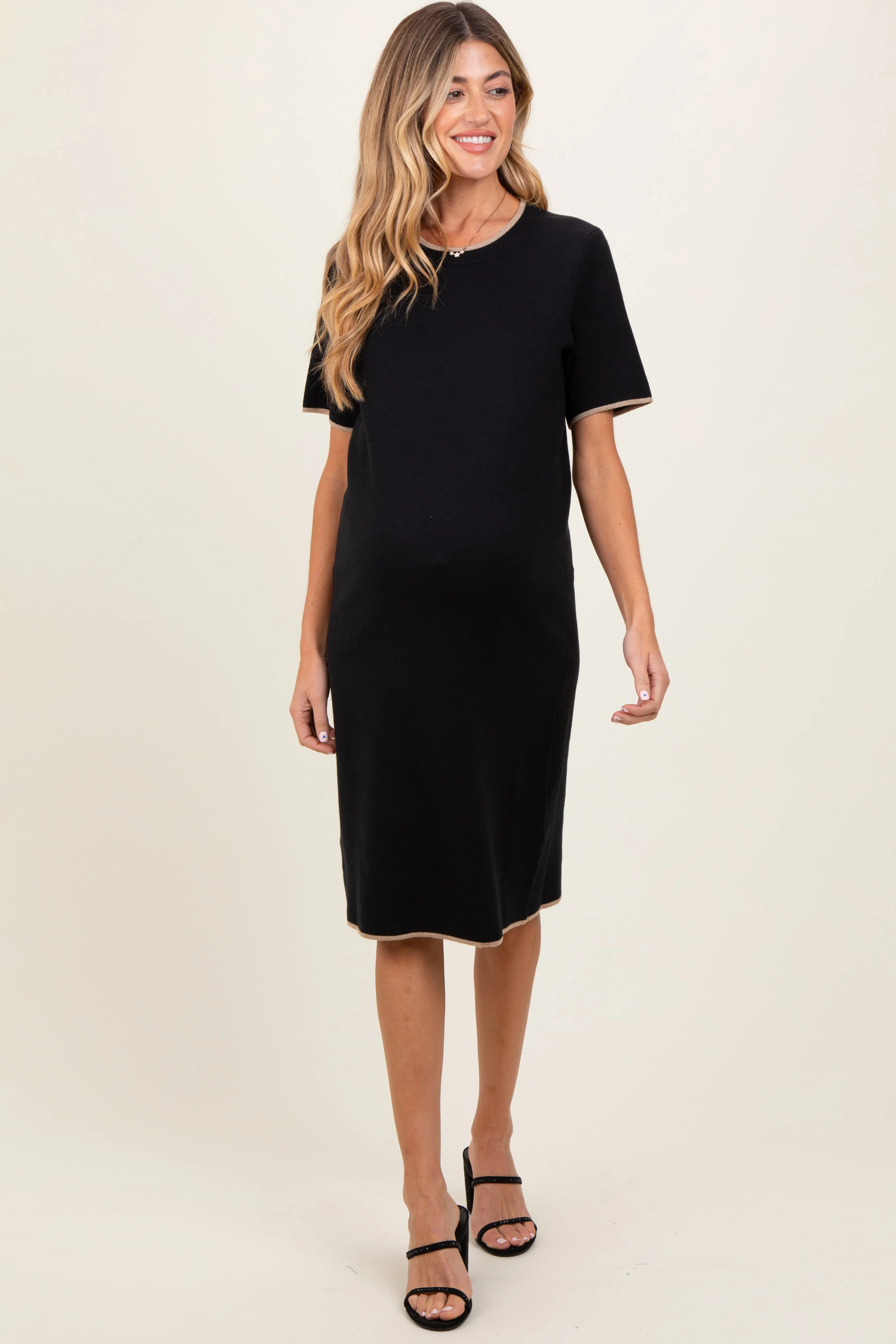 Black Knit Short Sleeve Contrast Trim Maternity Dress sold by Pinkblush product image thumbnail 2