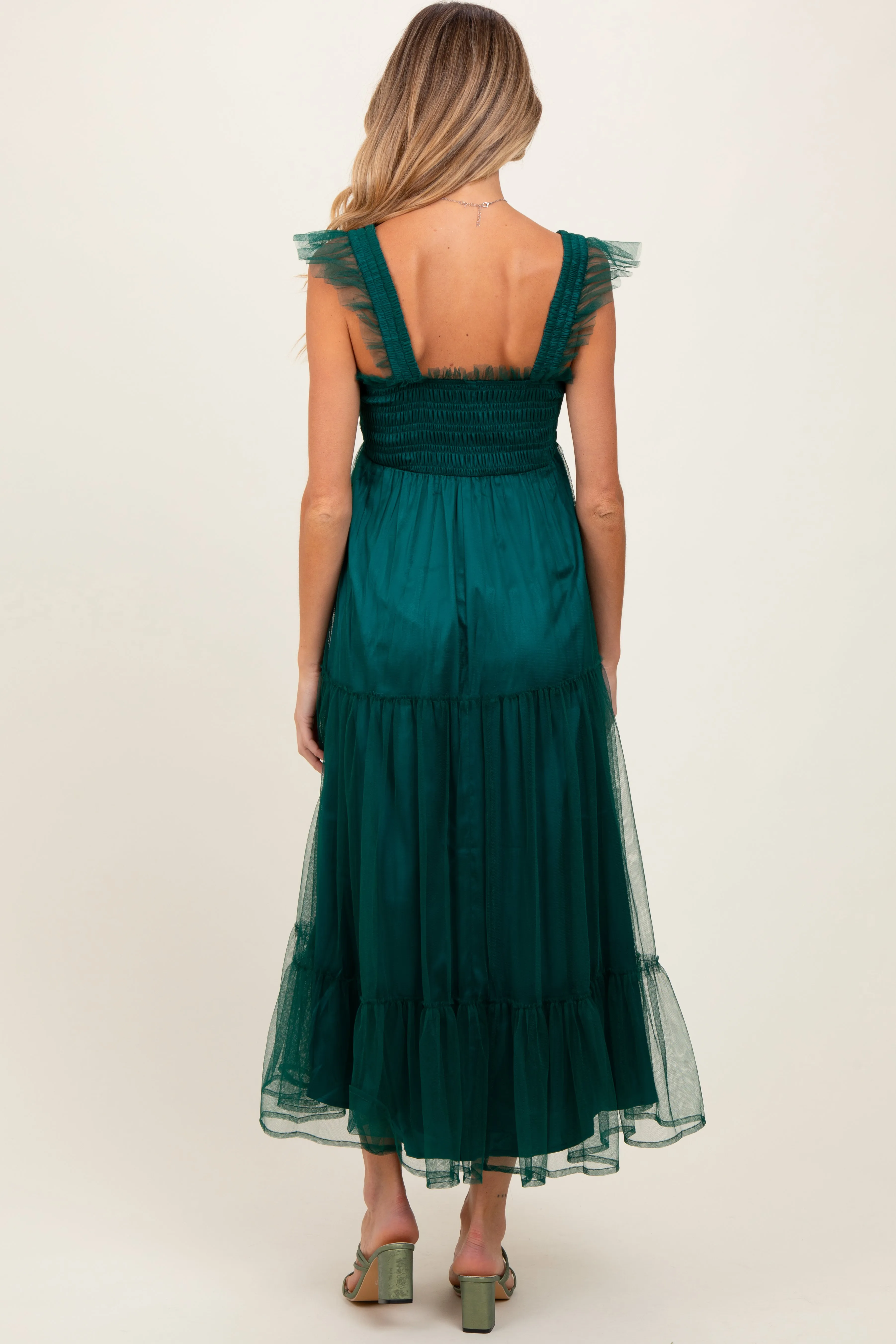 Green Mesh Overlay Smocked Maternity Midi Dress sold by Pinkblush product image thumbnail 4