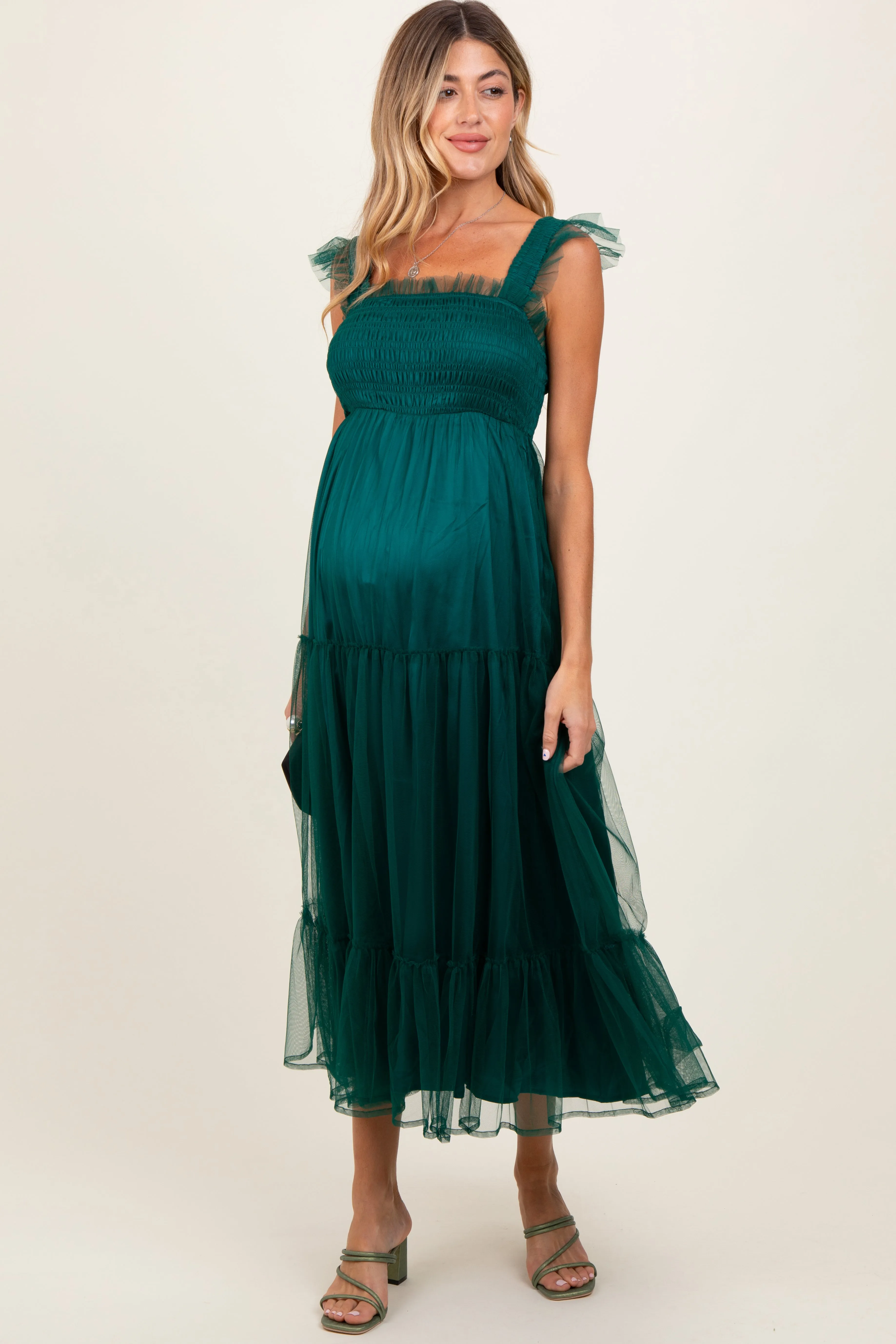 Green Mesh Overlay Smocked Maternity Midi Dress sold by Pinkblush product image thumbnail 2