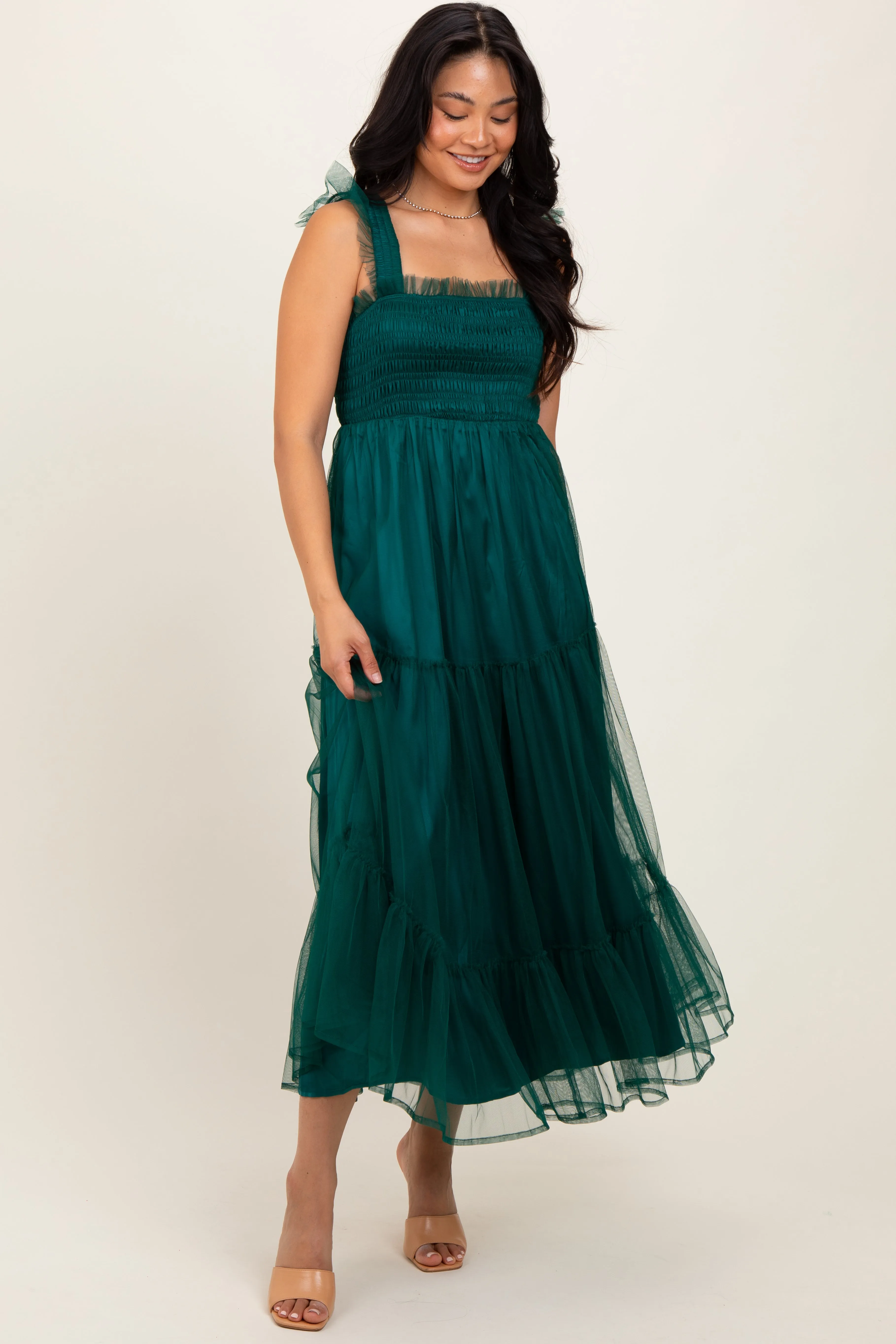 Green Mesh Overlay Smocked Maternity Midi Dress sold by Pinkblush product image thumbnail 5