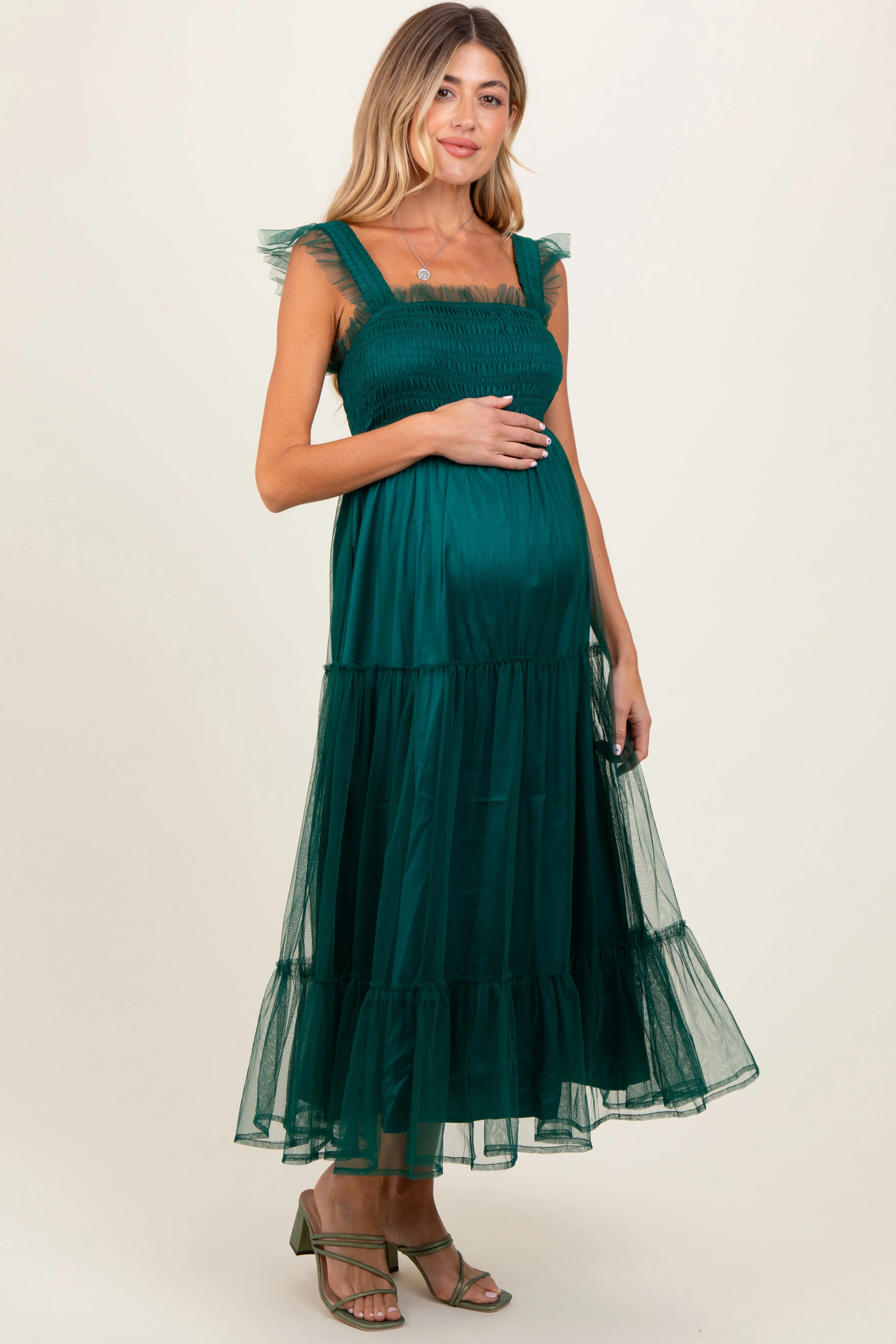 Green Mesh Overlay Smocked Maternity Midi Dress sold by Pinkblush product image thumbnail 3