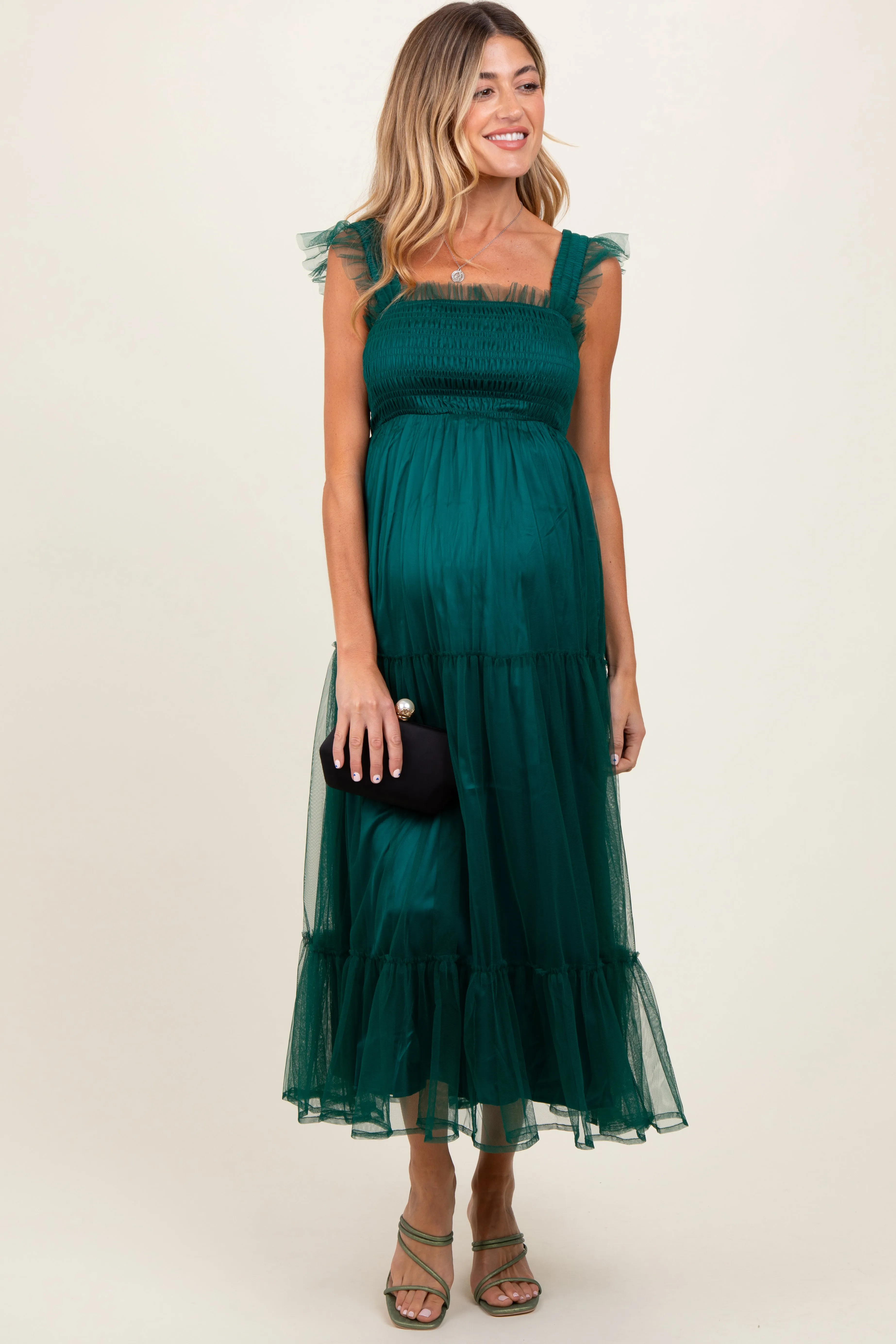 Green Mesh Overlay Smocked Maternity Midi Dress sold by Pinkblush
