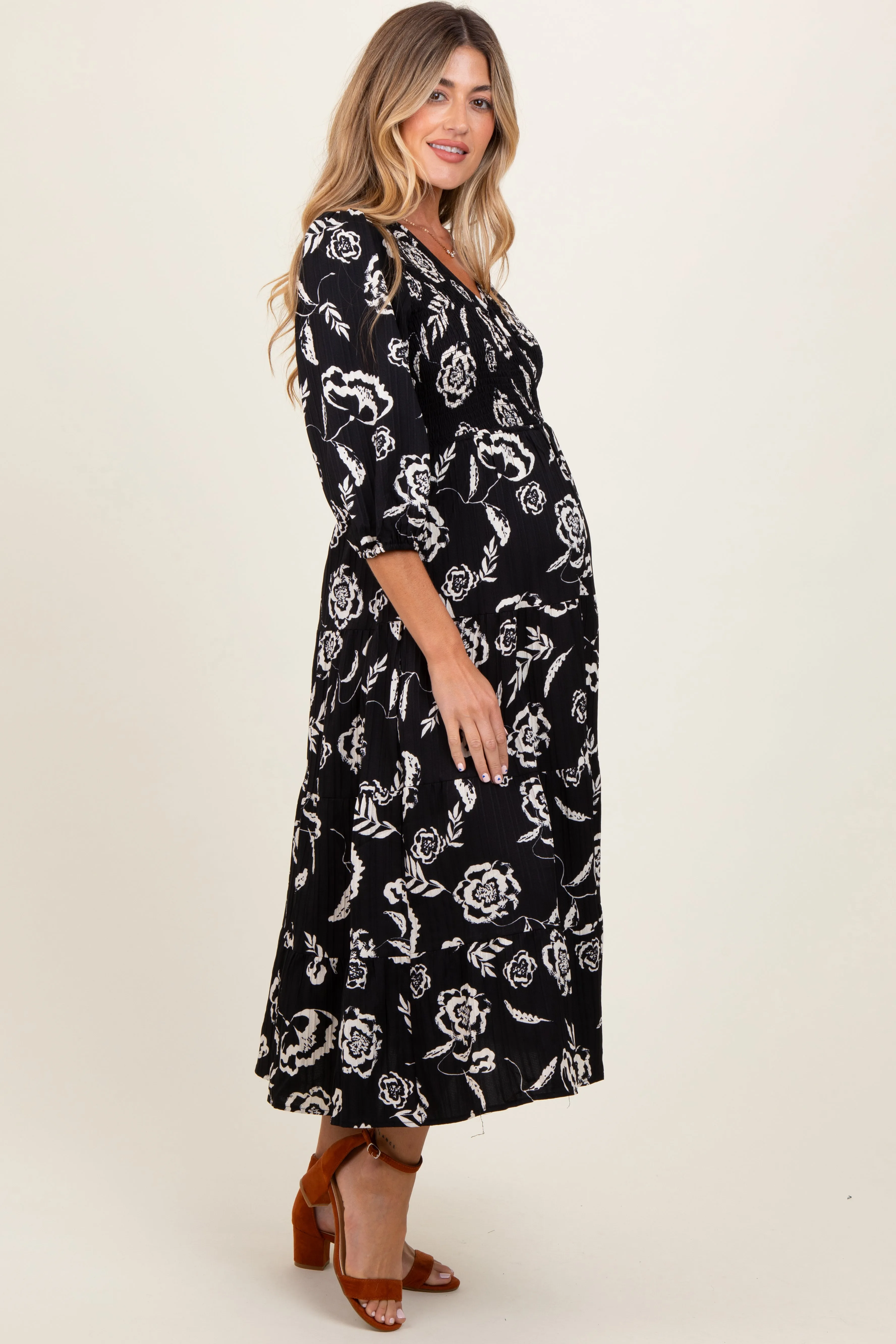 Black Floral Smocked Tiered Maternity Dress sold by Pinkblush product image thumbnail 3
