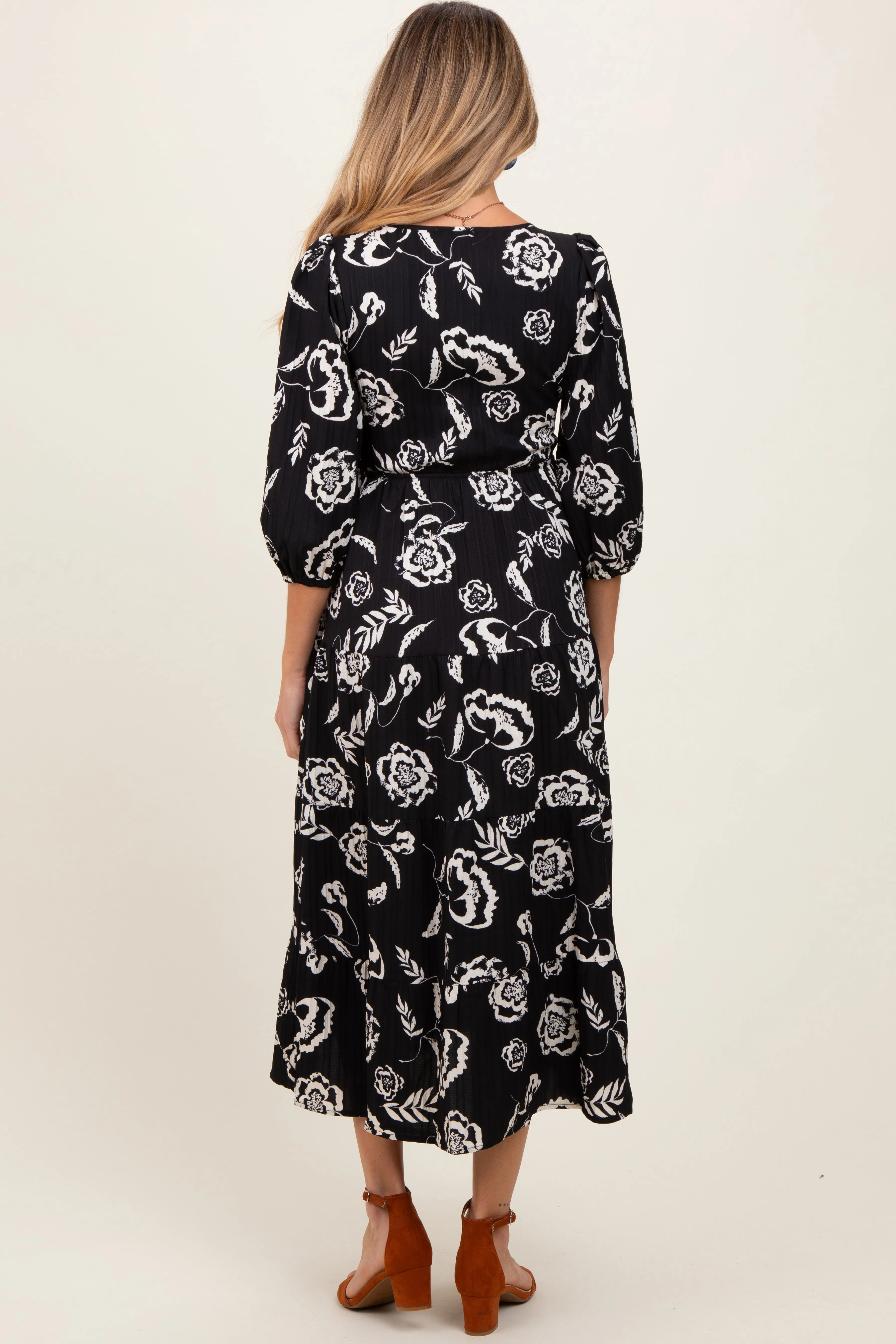 Black Floral Smocked Tiered Maternity Dress sold by Pinkblush product image thumbnail 4