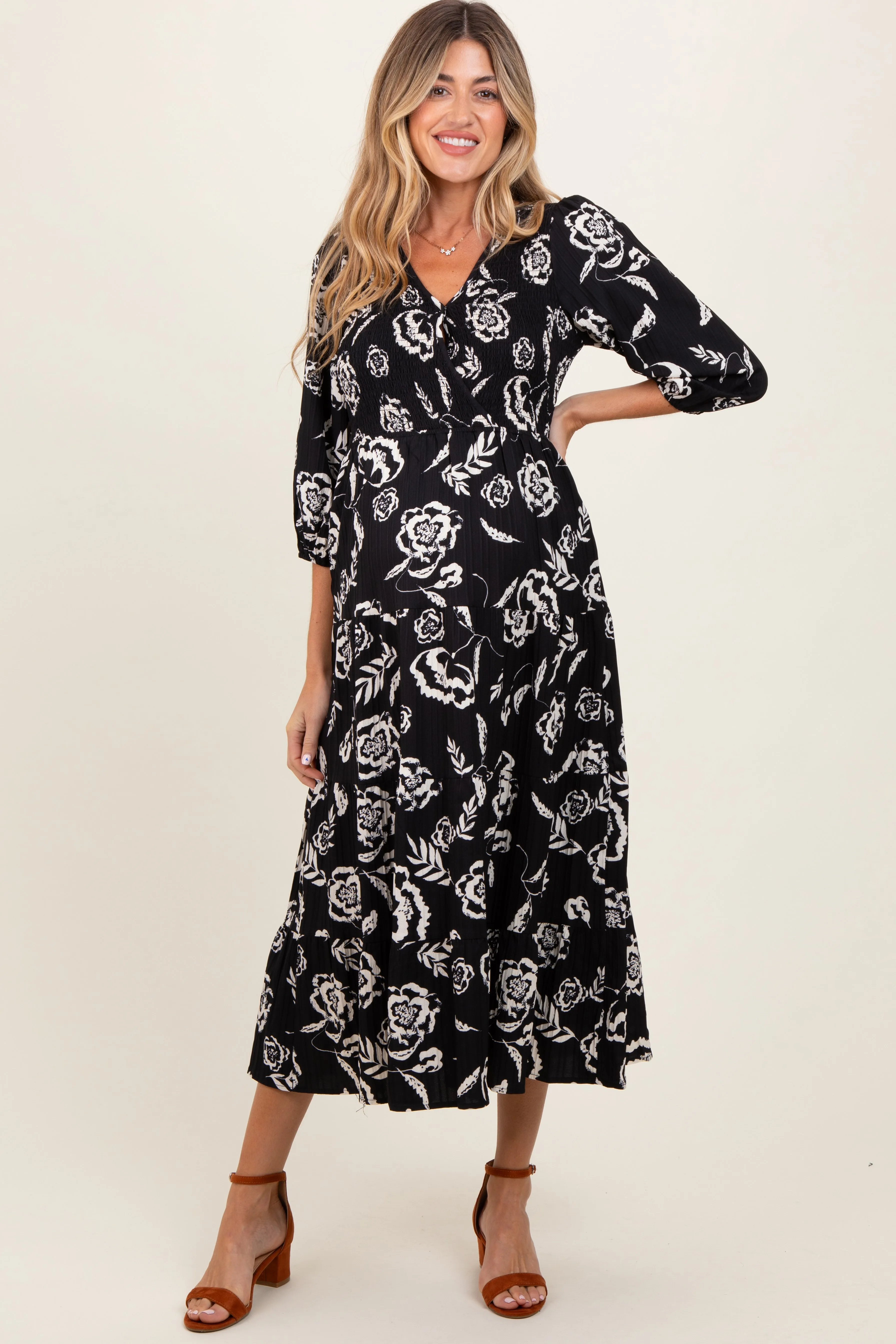 Black Floral Smocked Tiered Maternity Dress sold by Pinkblush