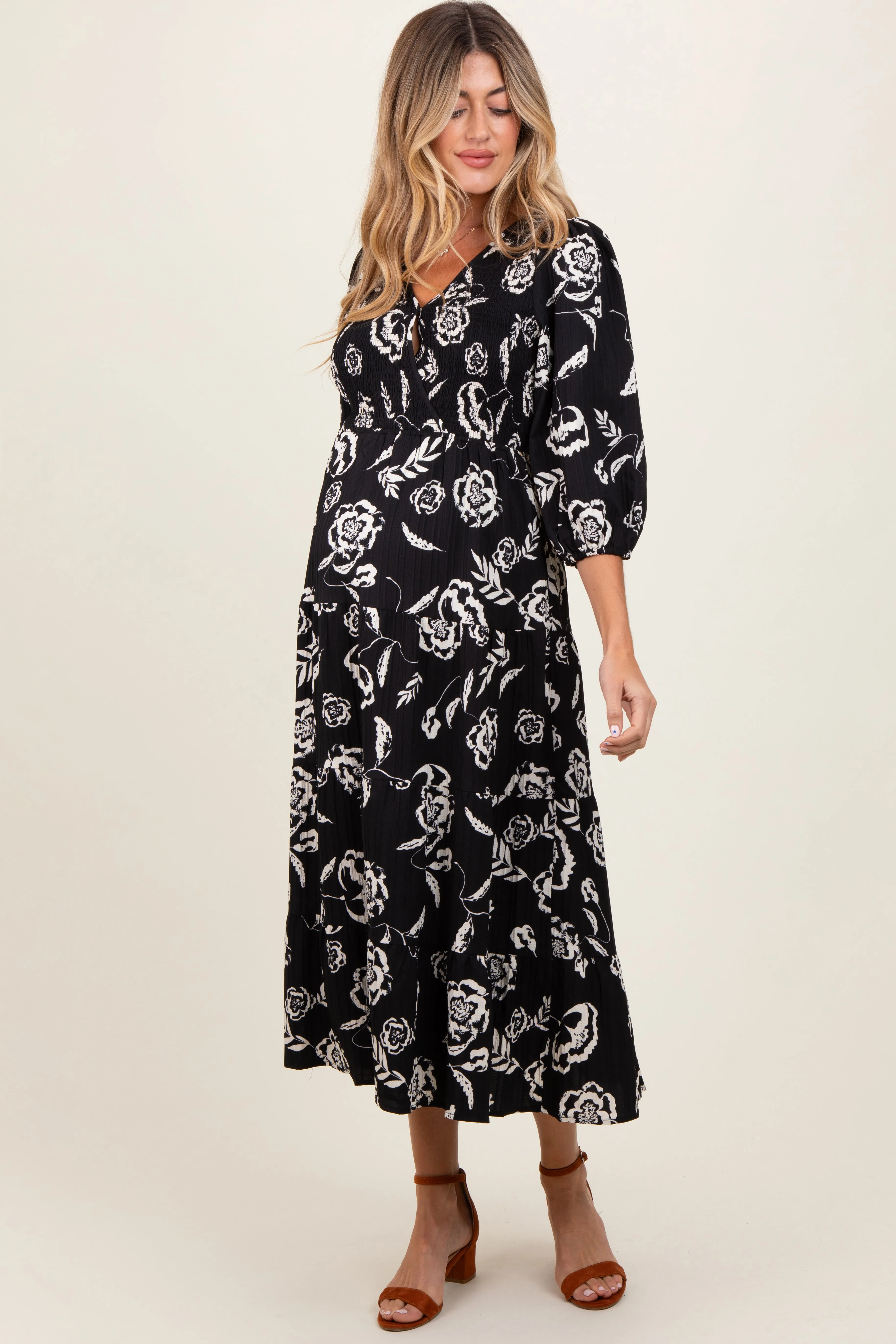 Black Floral Smocked Tiered Maternity Dress sold by Pinkblush product image thumbnail 2