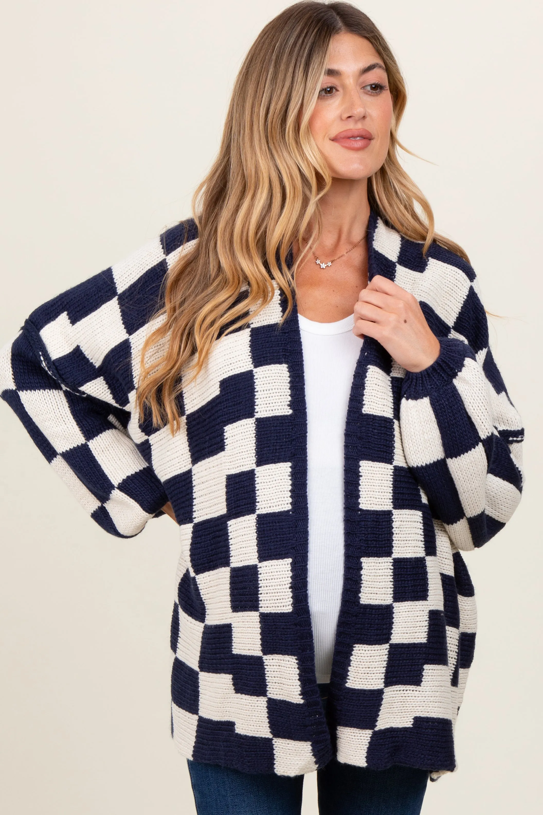 Navy Checkered Oversized Maternity Cardigan sold by Pinkblush product image thumbnail 2