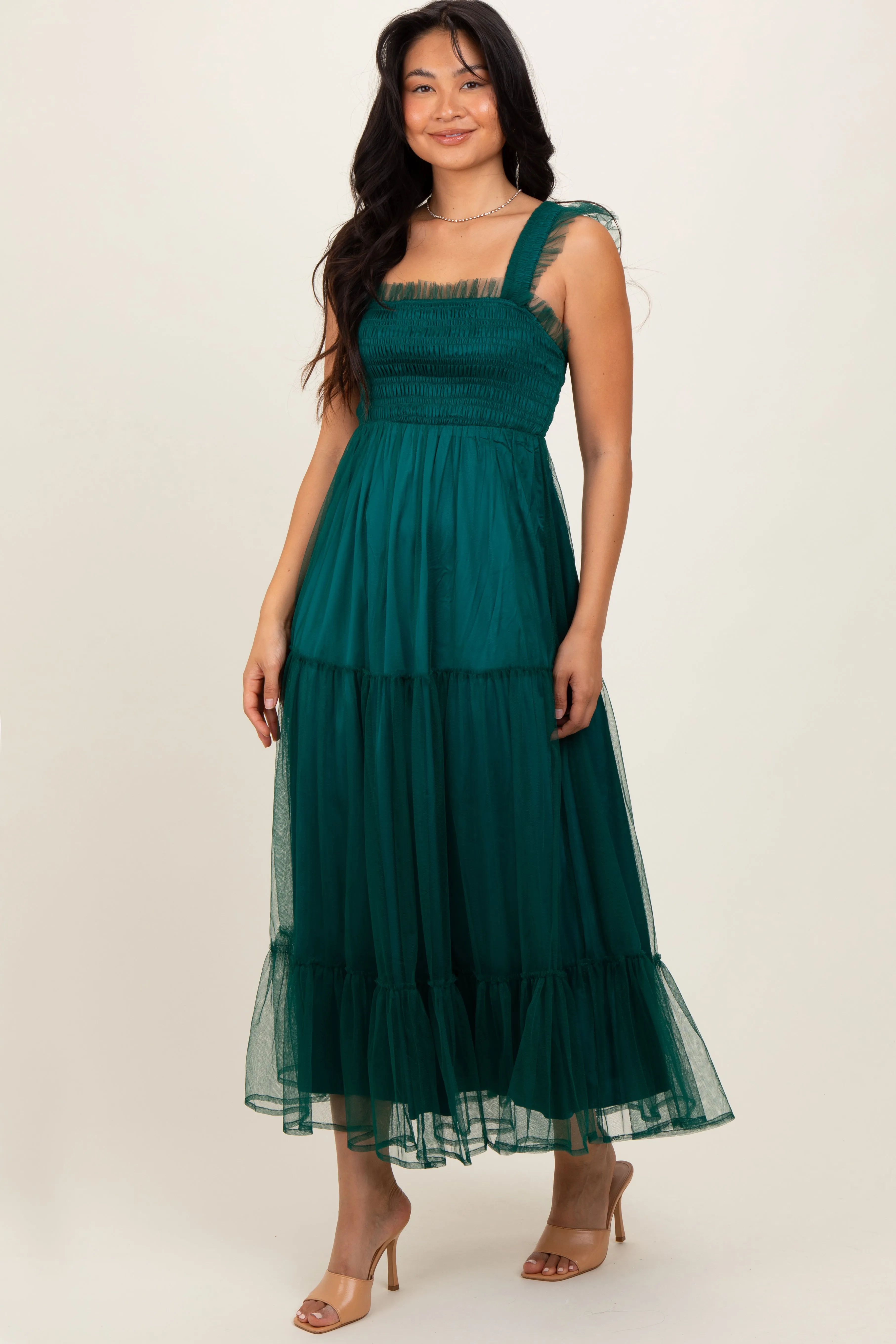 Green Mesh Overlay Smocked Midi Dress sold by Pinkblush product image thumbnail 2