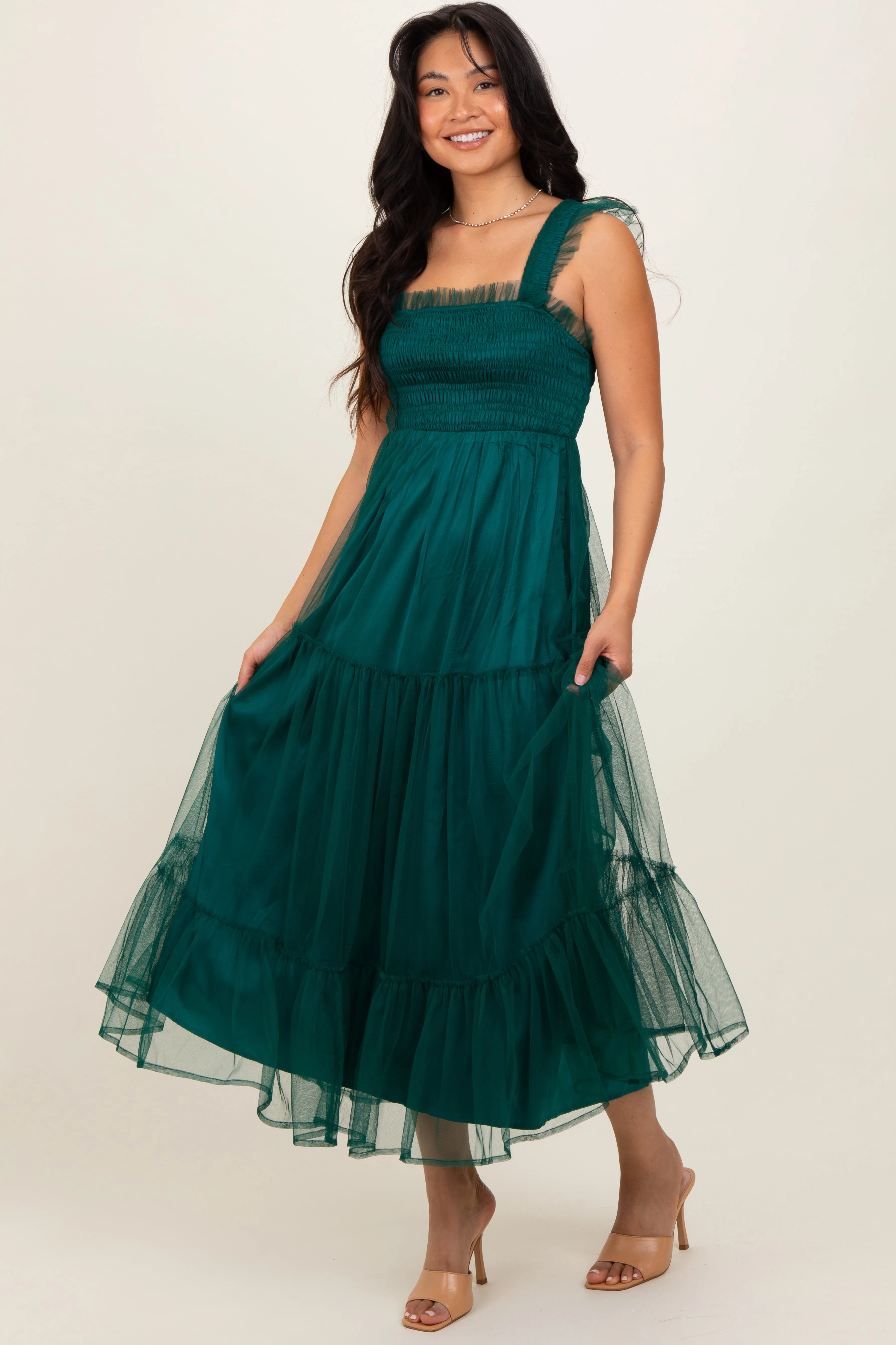Green Mesh Overlay Smocked Midi Dress sold by Pinkblush product image thumbnail 3